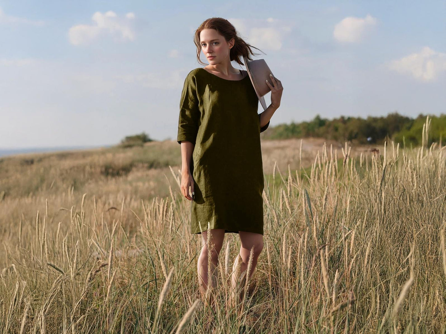 Elegant Green Linen Shift Dress, Long Sleeve Relaxed Fit, Women’s Boho Fall Dress, Minimalist Casual Dress with Pockets| SKU.25T14T7H