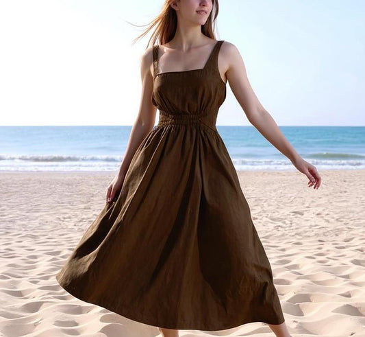 Brown Linen Midi Dress with Pockets - Square Neck Summer Dress, Sleeveless Casual Beach Dress, Elastic Waist Sundress | SKU.25T15T5E