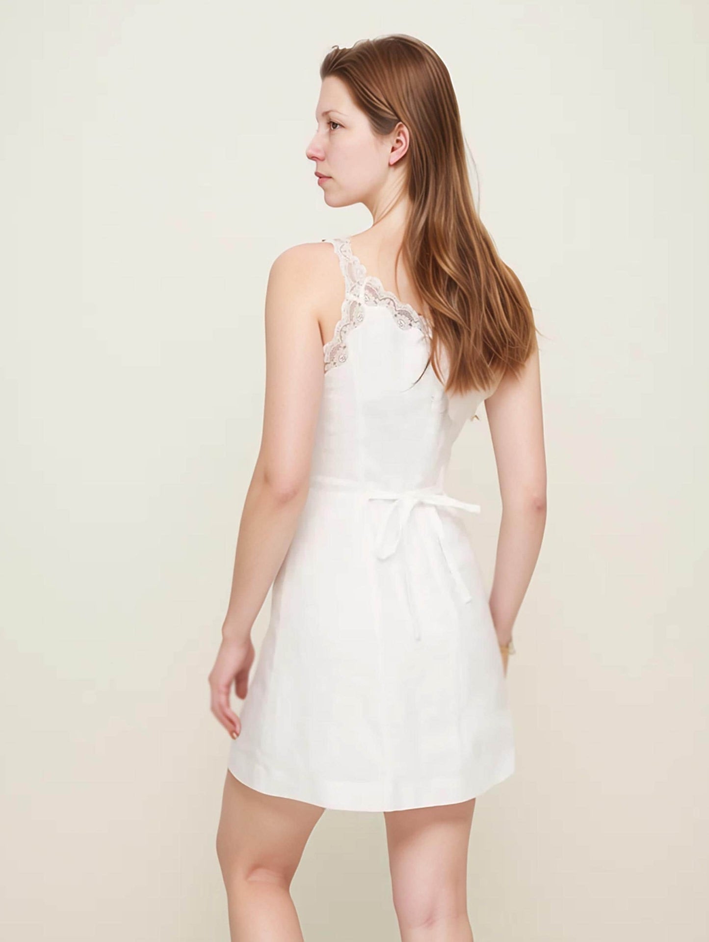 White Mini Dress with Lace Trim, Elastic Linen Summer Sleeveless Dress, Custom Fit Short Dress for Women, Elegant Casual Look| SKU.25T15T4F