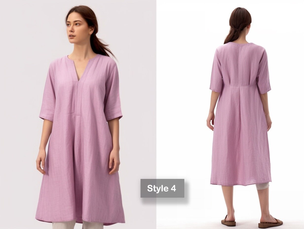 V Neck Linen Dress | Loose Fit & Breathable | Stylish Summer Dress | 3/4 Sleeve Linen Dress - Mothers Day Gift - Gift for Her | 230506B