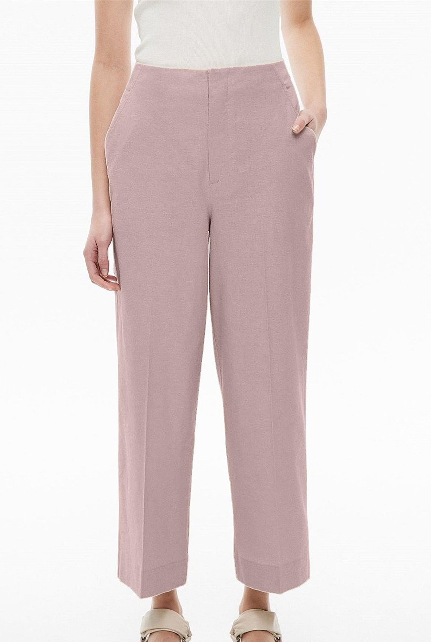 Soft Blush Linen Trousers – High-Waist Cropped Wide-Leg Pants for Women | SKU.25T11T6C