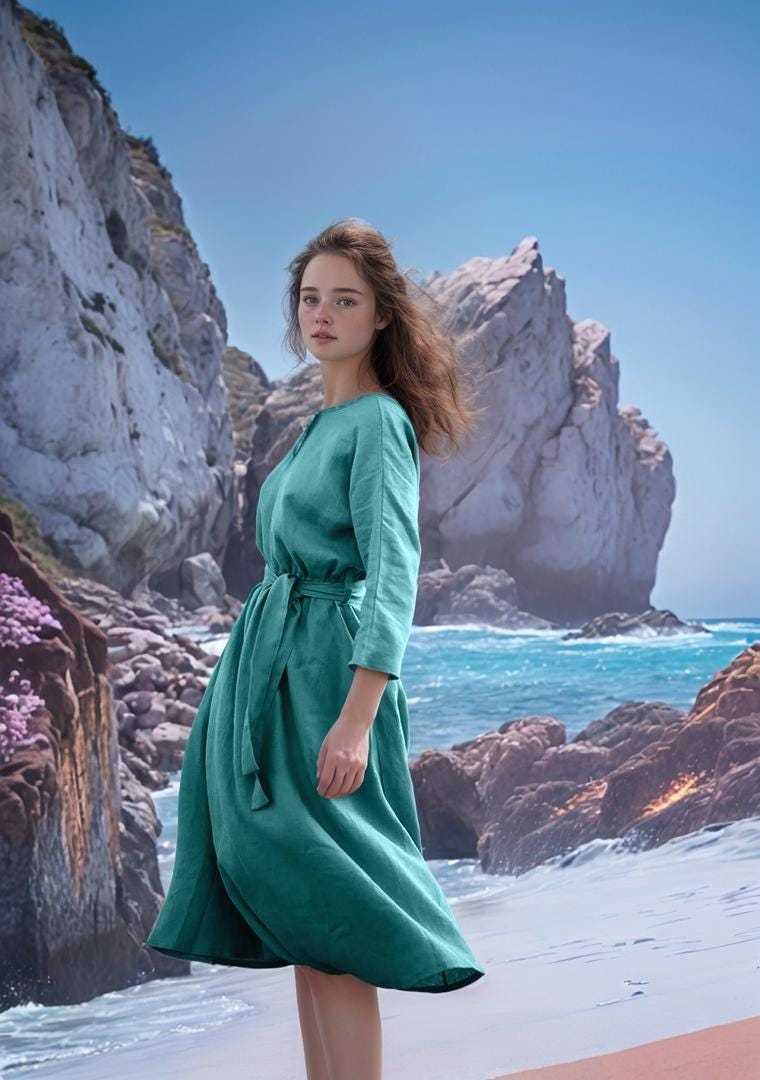 Custom Long Sleeve Midi Dress with Tie Waist – Elegant Open Back Linen Blend Dress for Women, Modest Fit for Everyday | SKU.25T14T3C