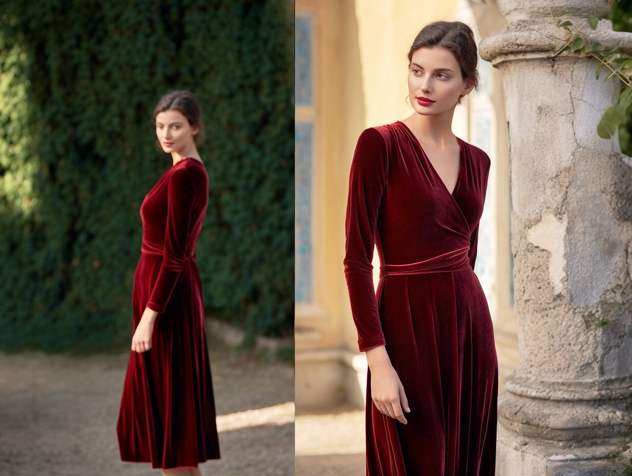 Velvet Midi Bridesmaid Dress with Wrap Neck and Self-Tie Belt | Long Sleeves | Elegant Spring Fall Dress - Customizable Style and Size