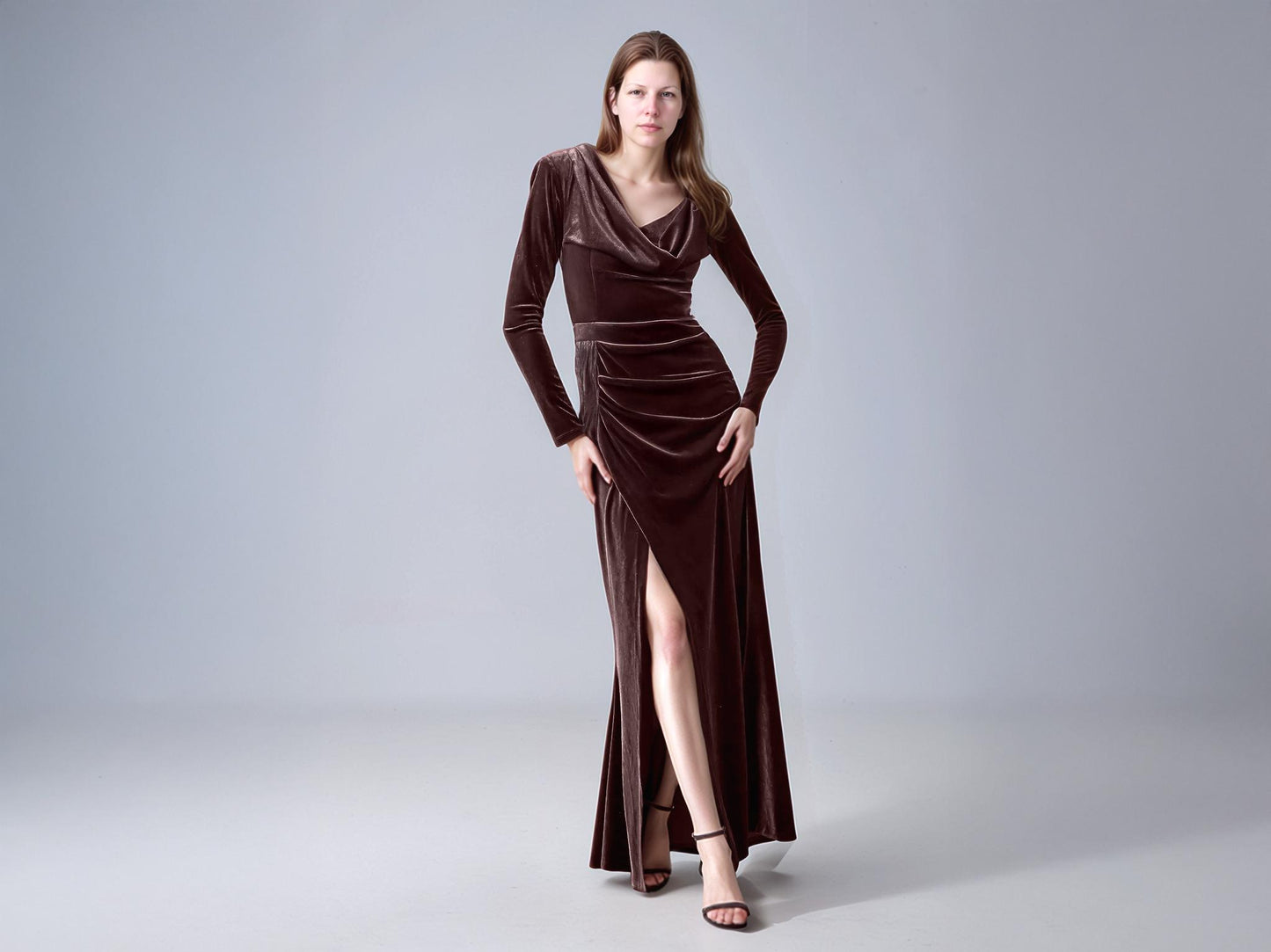 Chocolate Brown Velvet Gown – Long Sleeve Slit Maxi Dress for Formal Events & Parties | SKU.25T17T6I