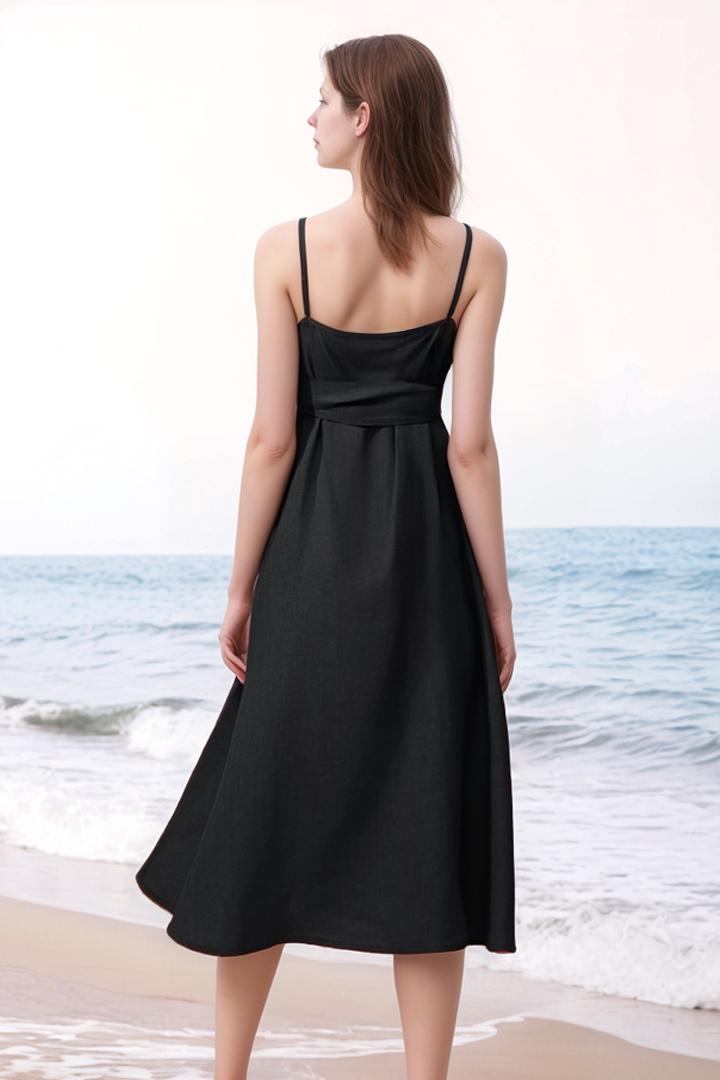 Elegant Black Linen Midi Dress - Adjustable Straps, Bow Front Detail, Flowy Summer Beach Dress | SKU.25T14T3M