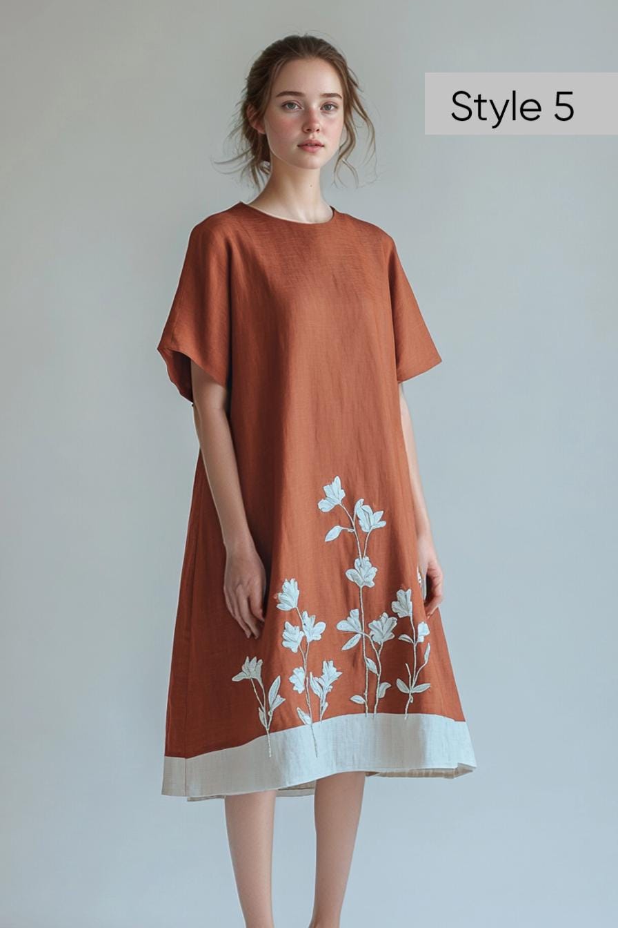 Customizable Floral Embroidered Flared Linen Dress, Loose Fit, Elegant Boho Style, Detailed Hand Embroidery | SKU.250702A