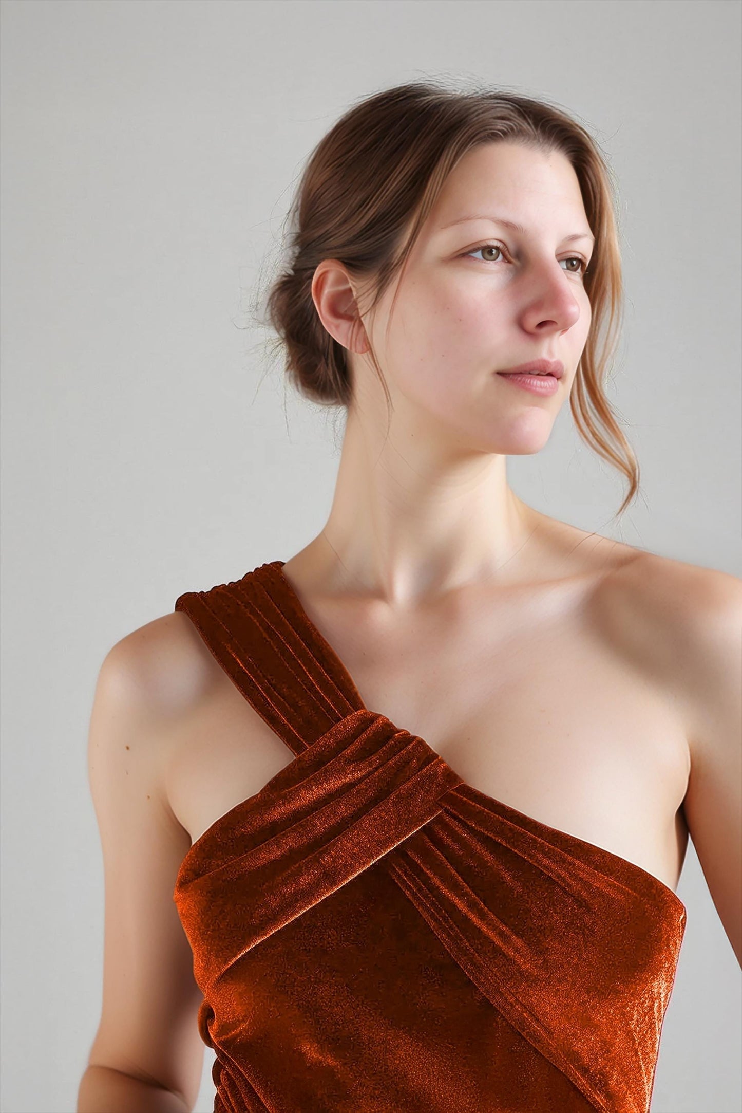 Rust Velvet One-Shoulder Maxi Dress – Elegant Bridesmaid Gown with Twist Detail | SKU.25T17T6G