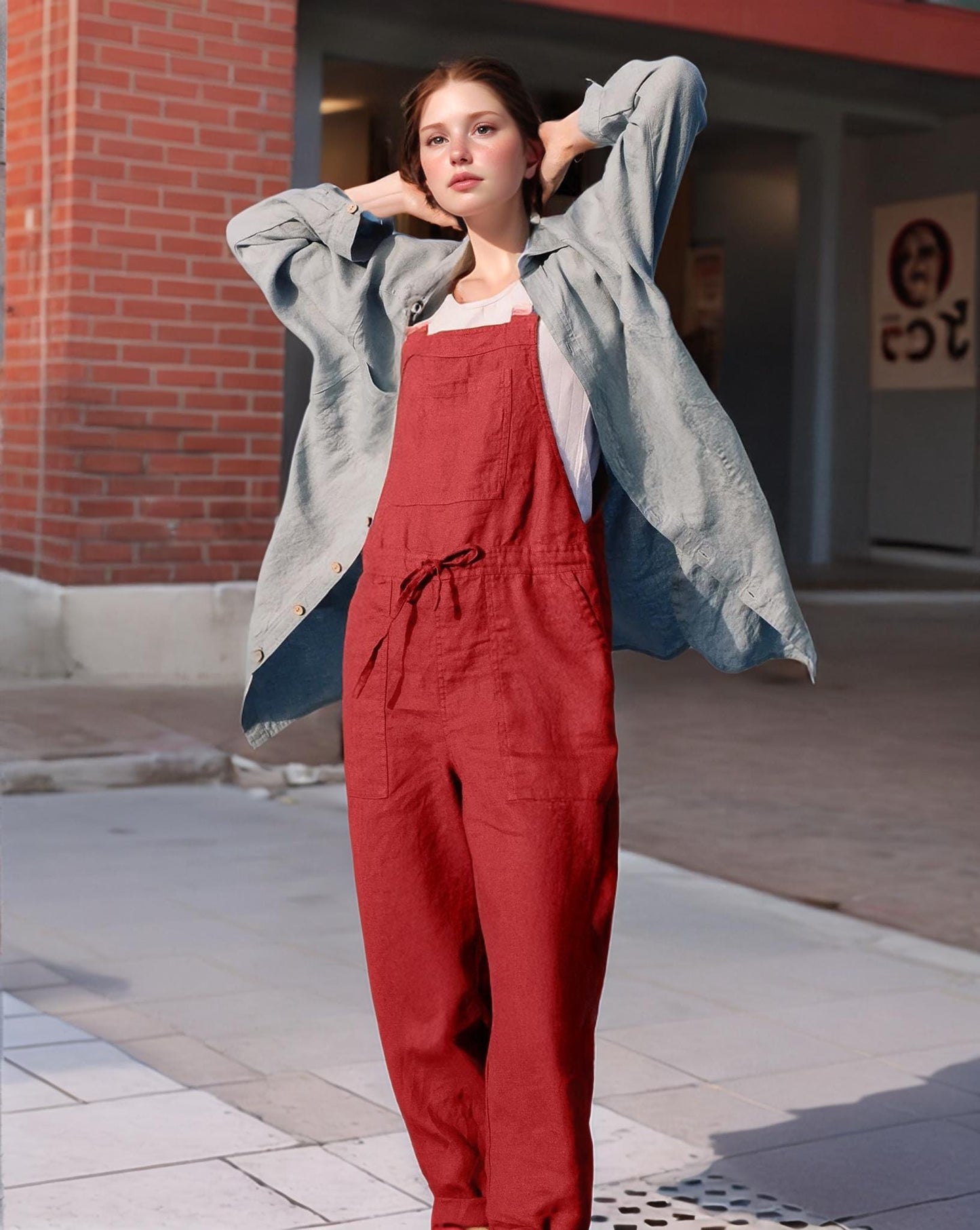 Linen Jumpsuit for Women - Adjustable Straps, Drawstring Waist, Relaxed Fit, Tapered Leg, Lightweight Summer One-Piece | SKU.25T22T3M