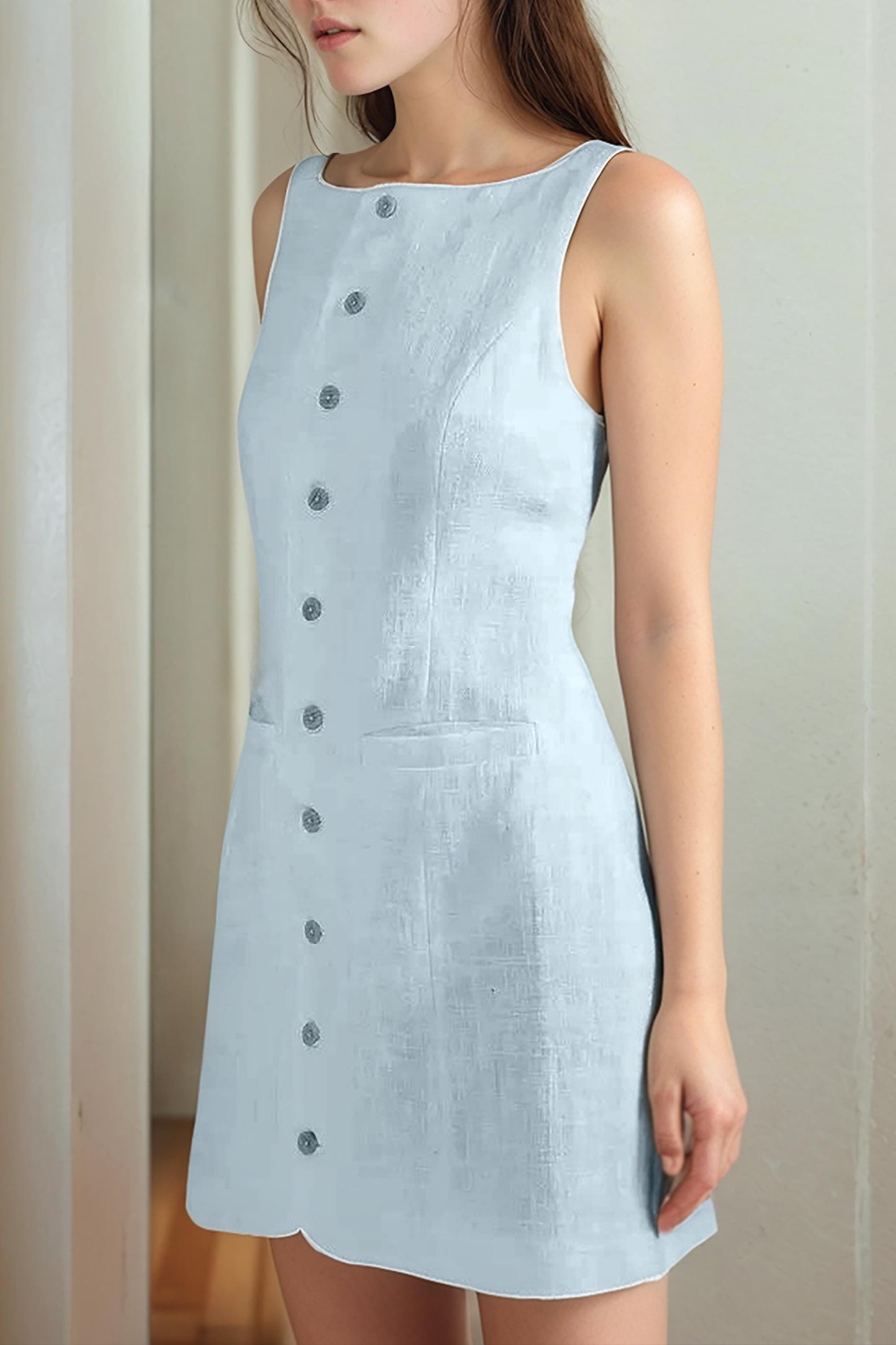 Sleeveless Linen Button-Down Mini Dress – Summer Casual A-Line Dress| SKU.25T11T7C
