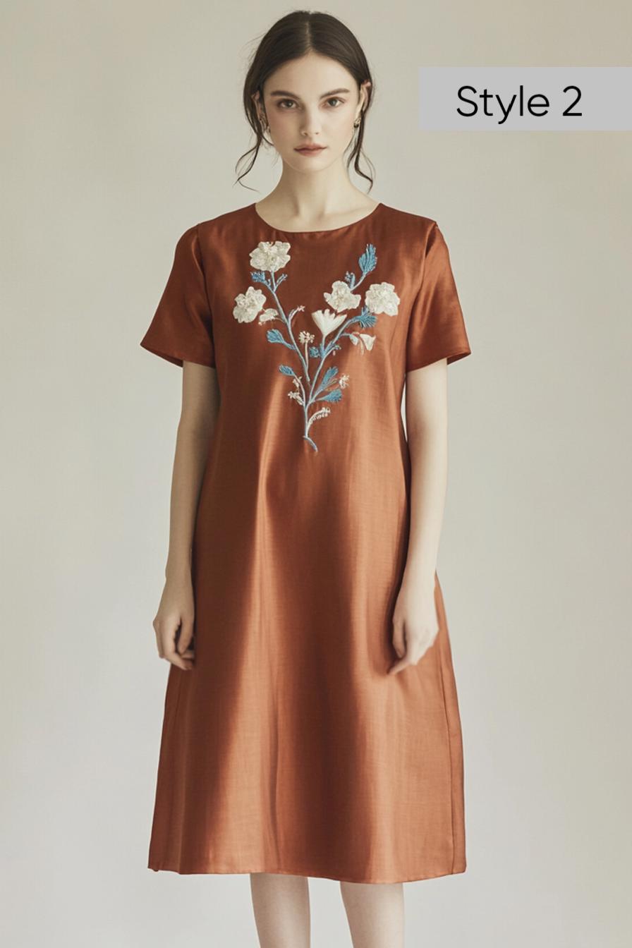 Customizable Floral Embroidered Flared Linen Dress, Loose Fit, Elegant Boho Style, Detailed Hand Embroidery | SKU.250702A