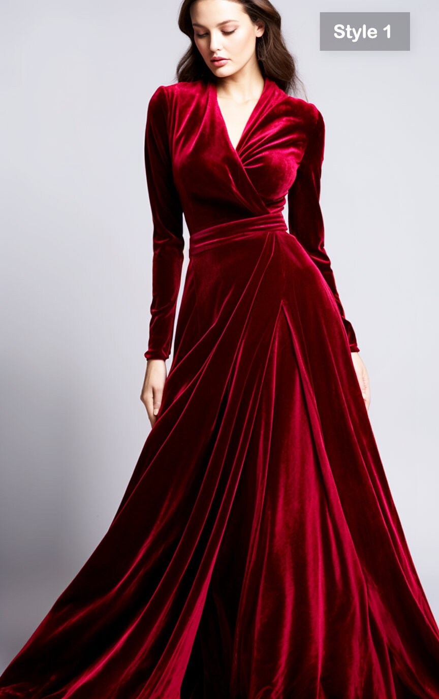 Maroon Velvet Retro Glam Maxi Dress | Bridesmaid Dress | Refined Technique, and Wrap Neck | Vintage Elegance for a Timeless Look