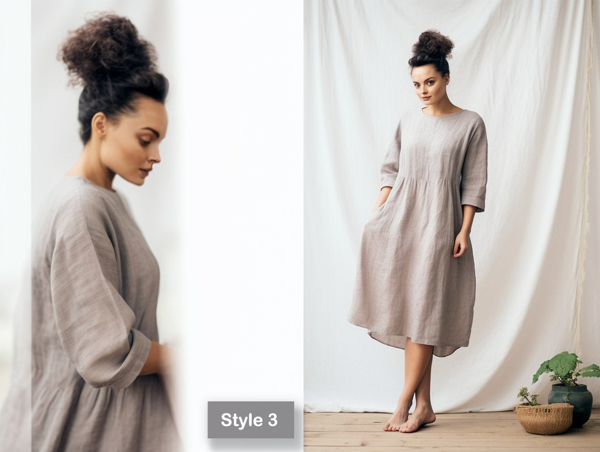 Linen Circle Dress with Pockets - Knee-Length Skater Dress - Linen Dress 3/4 Sleeves and Crew Neckline | Customizable | 230807A