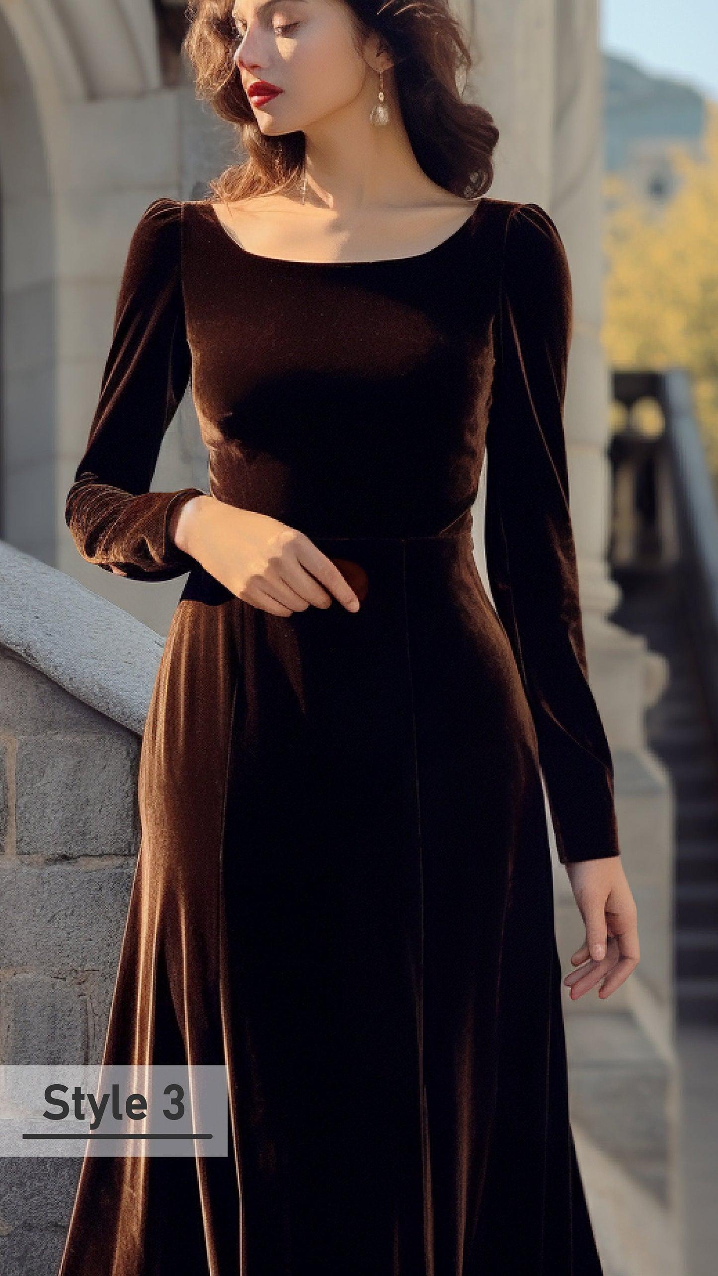 Chic Velvet Midi Dress - Boat Neck, Full Fitted Sleeves, Closed Back - Bridesmaids or Evening Events - Customizable and Personalizable