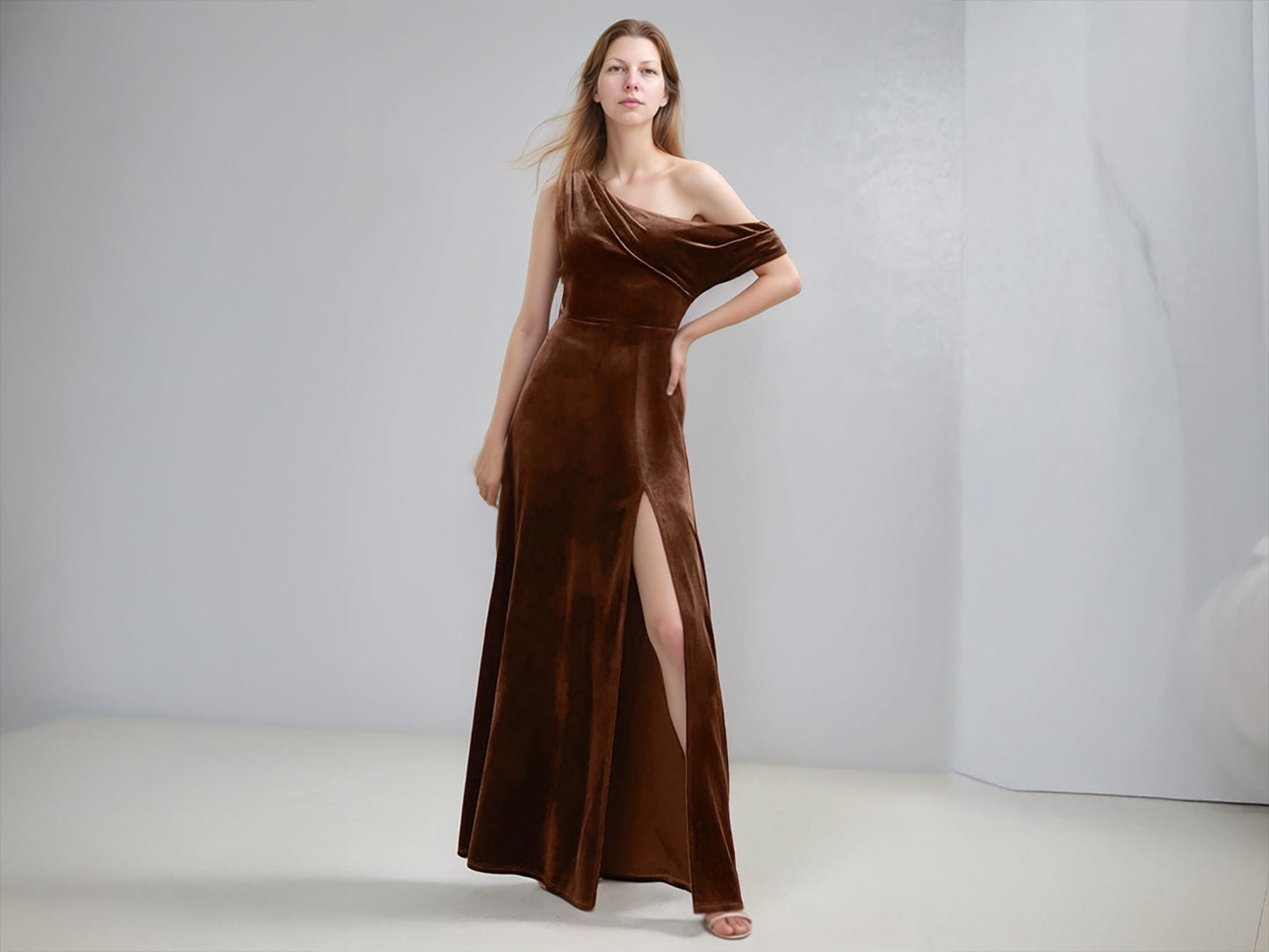 Brown Velvet One-Shoulder Maxi Dress with Slit | Formal Evening Gown | SKU.24T17T5D
