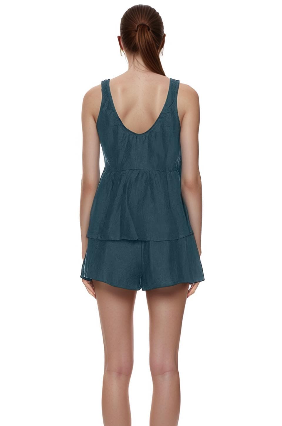 Linen Lounge Set for Women - Sleeveless Two-Piece Summer Outfit with Peplum Top and Shorts | SKU.25T22T4C