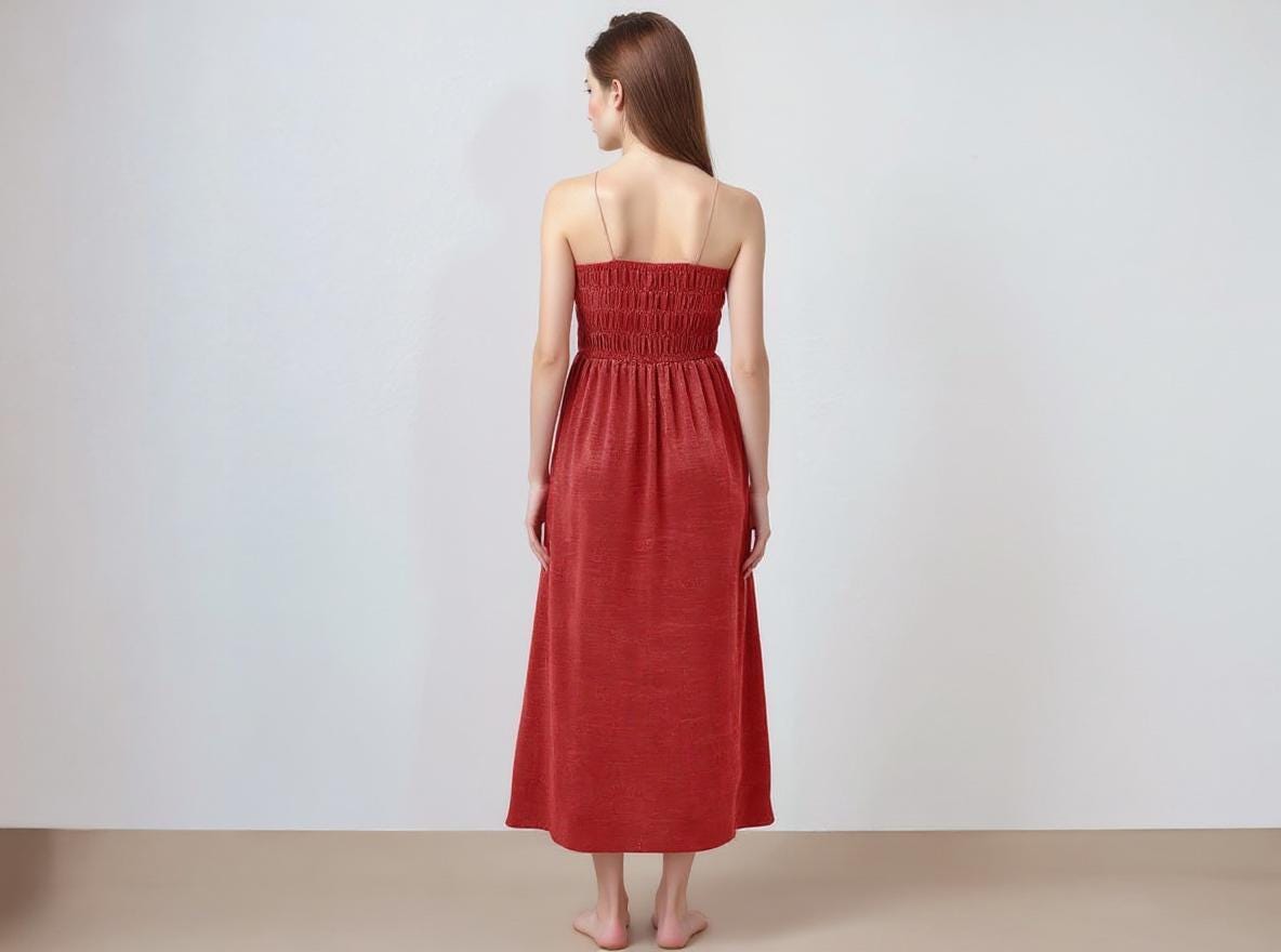 Elastic Linen Smocked Midi Dress – Summer Strapless Boho Sundress, Custom Fit Casual Vacation Outfit | SKU.25T15T5M
