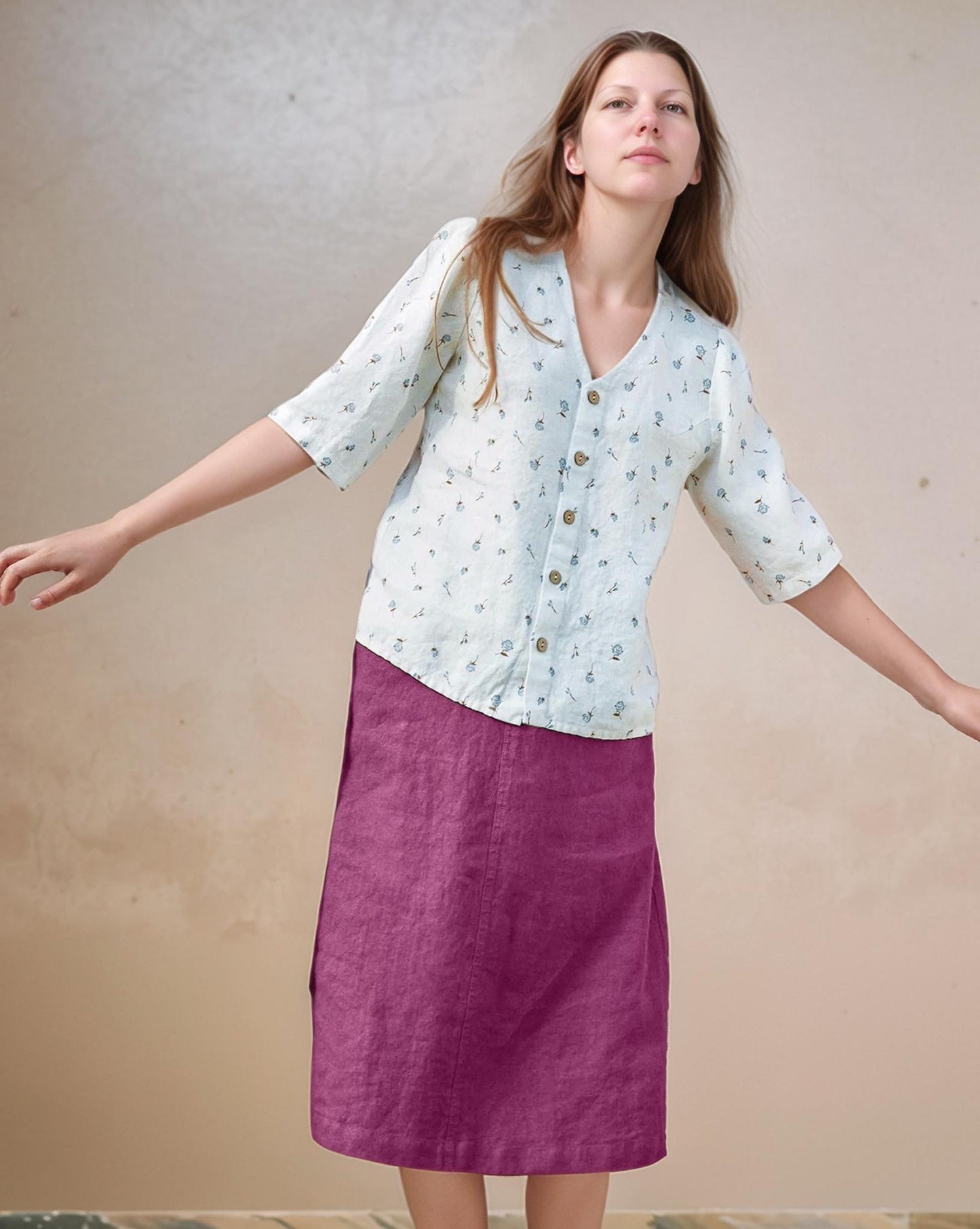 High-Waisted Linen Midi Skirt with Front Zipper and Pockets - Vintage-Inspired A-Line Skirt for Everyday Wear | SKU.25T22T3K