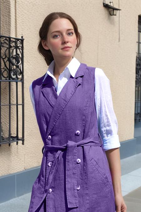 Sleeveless Purple Linen Vest Dress – Double Breasted Belted Midi Dress with Pockets for Women | SKU.25T09T6F