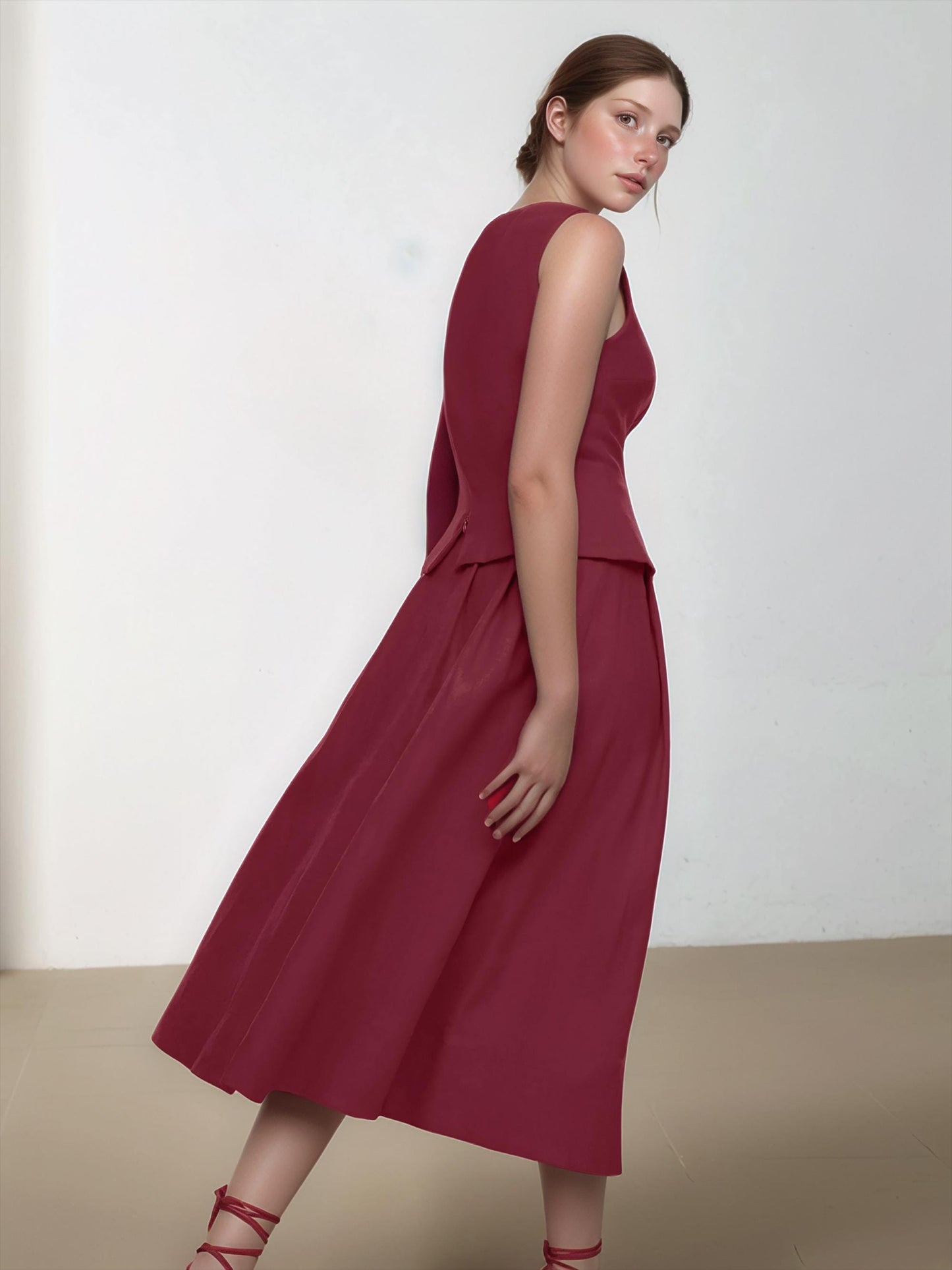 Elegant Elastic Linen 2-Piece Set — Sleeveless Peplum Top & High-Waist Midi Skirt, Custom Made, Minimalist Chic Outfit | SKU.25T15T4H