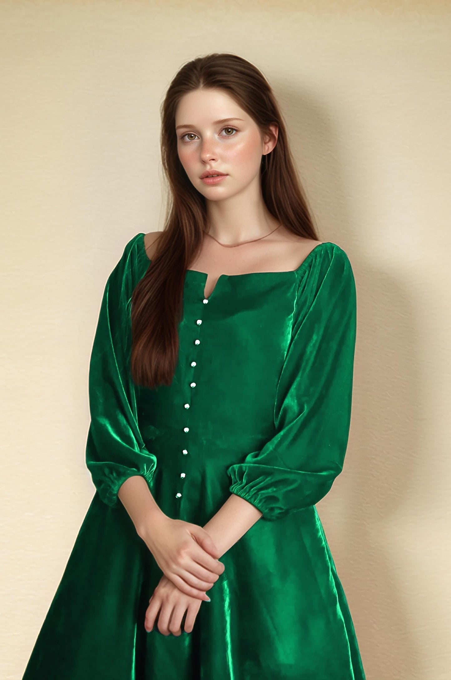 Emerald Green Velvet Midi Dress with Long Sleeves – Vintage Inspired Button-Down Party Dress | SKU.24T17T5G