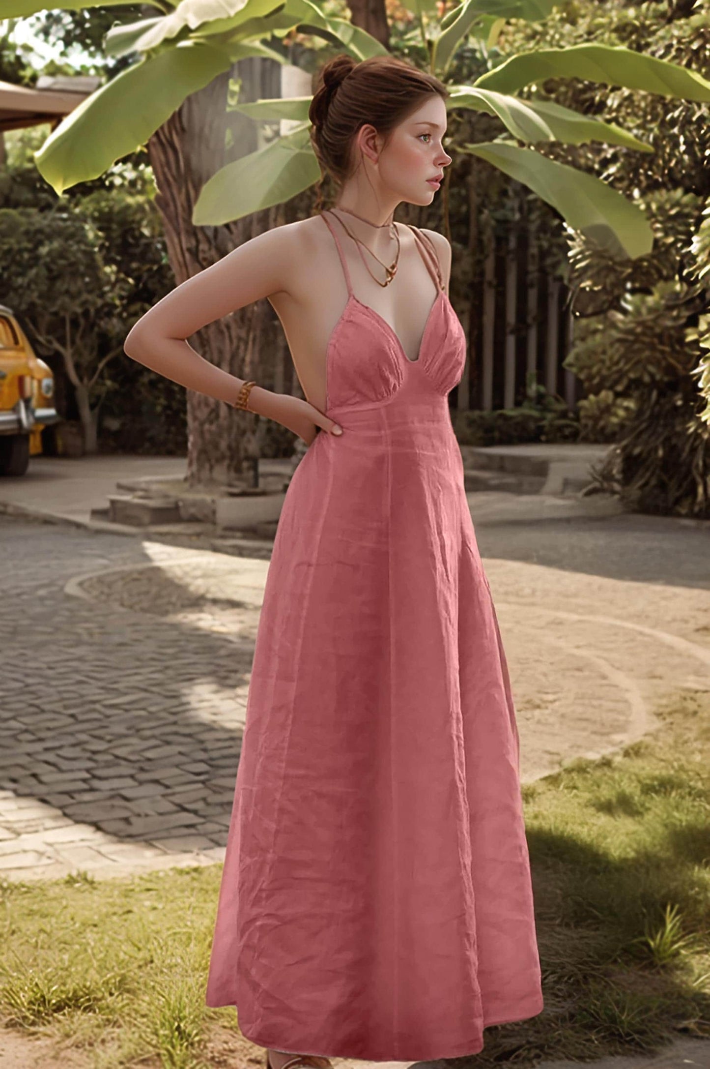 Boho Linen Maxi Dress - Backless Strappy Summer Dress - Lightweight Sleeveless Beach Dress | SKU.25T11T8F