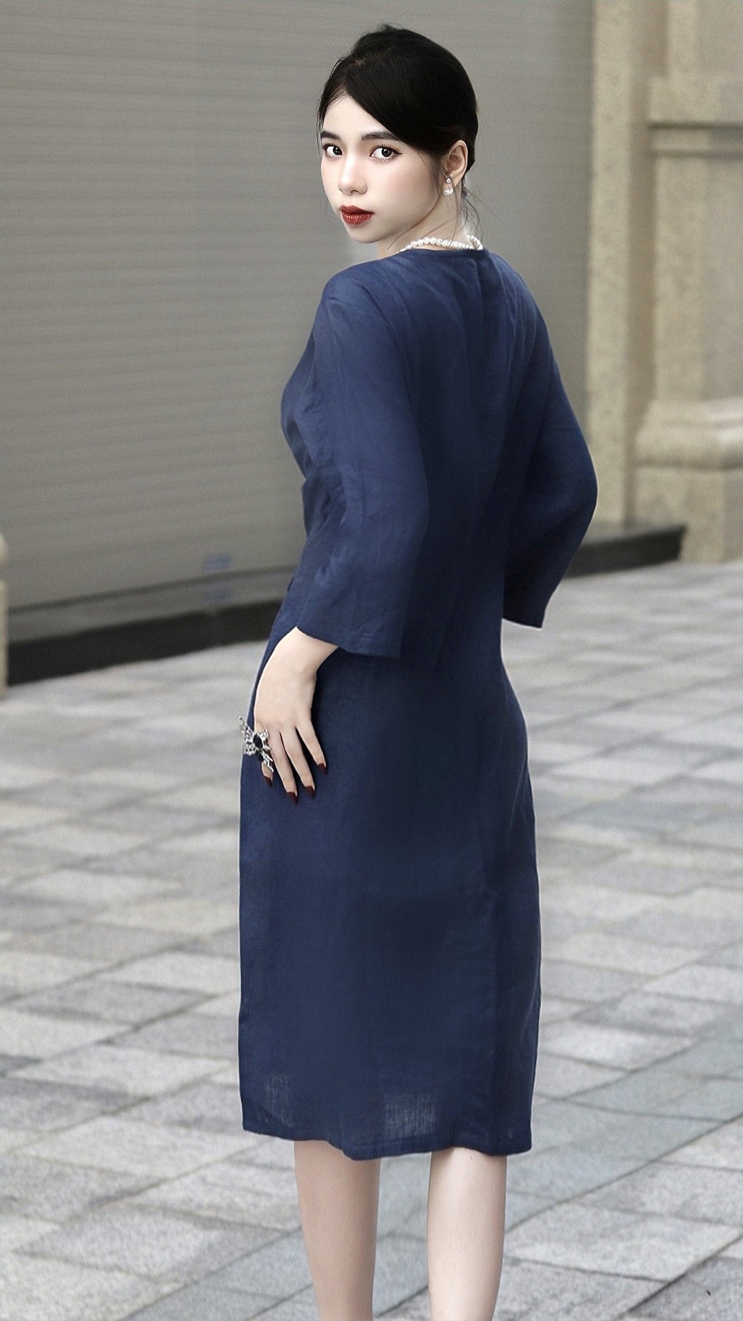 Stylish Linen Midi Dress: 3/4 Sleeves, V-neck, and Customizable Features for Elevated Personalized Fashion | SKU.004
