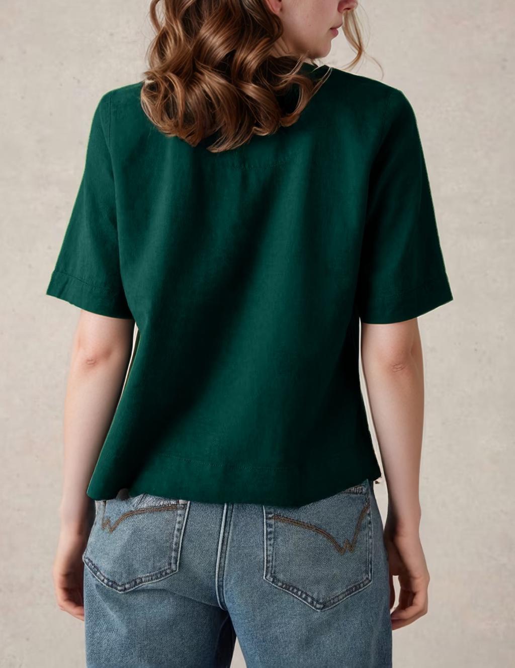 Linen V-Neck Boxy Top - Relaxed Fit Summer Shirt with Short Sleeves and Band Collar | SKU.25T22T3N