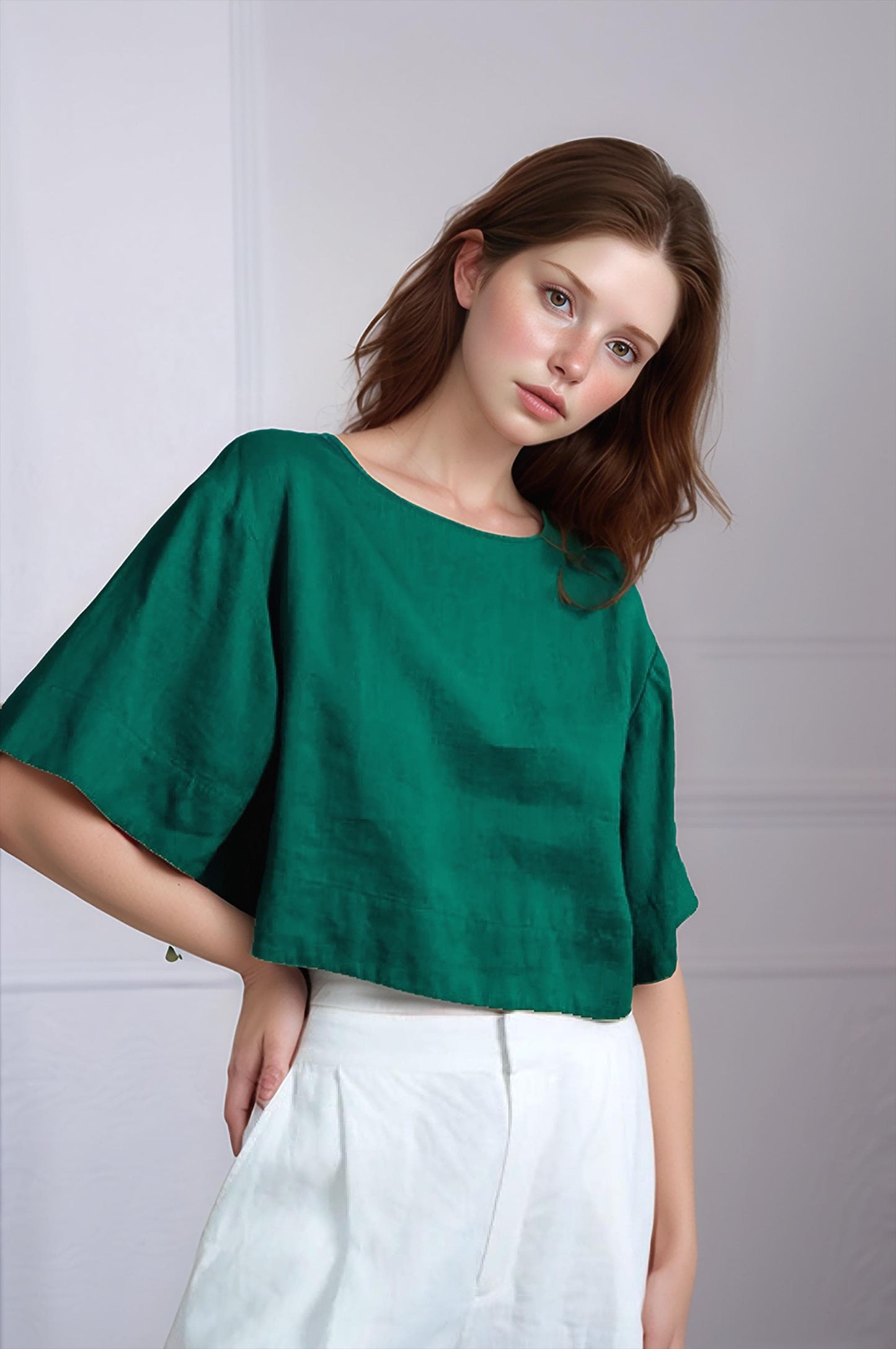Emerald Green Linen Crop Top – Wide Sleeve Blouse, Lightweight Summer Shirt, Custom Size & Color | SKU.25T15T5Z