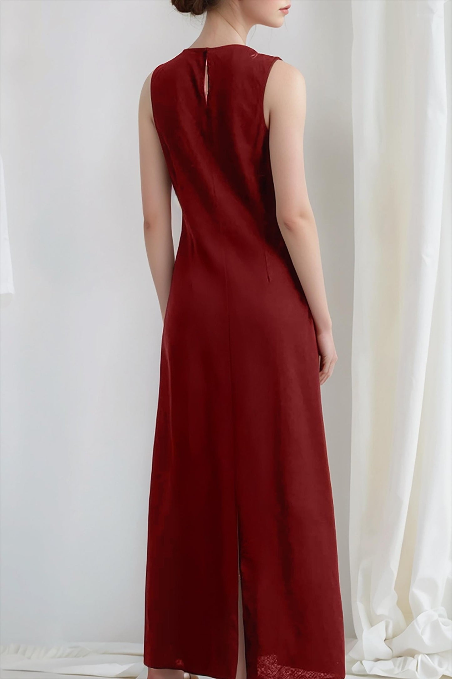 Sleeveless Burgundy Linen Maxi Dress, Elegant Minimalist Long Dress, Natural Fiber Summer Dress for Women | SKU.25T11T3I