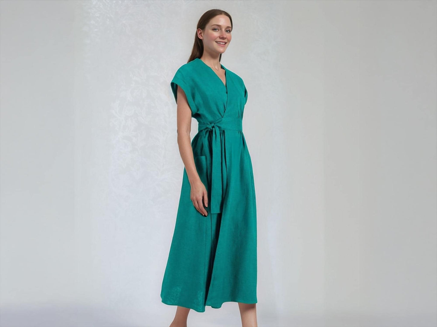Emerald Green Linen Wrap Dress Kimono Style Summer Dress with Pockets, Adjustable Tie Waist, Handmade Casual Dress | SKU.25T15T3C