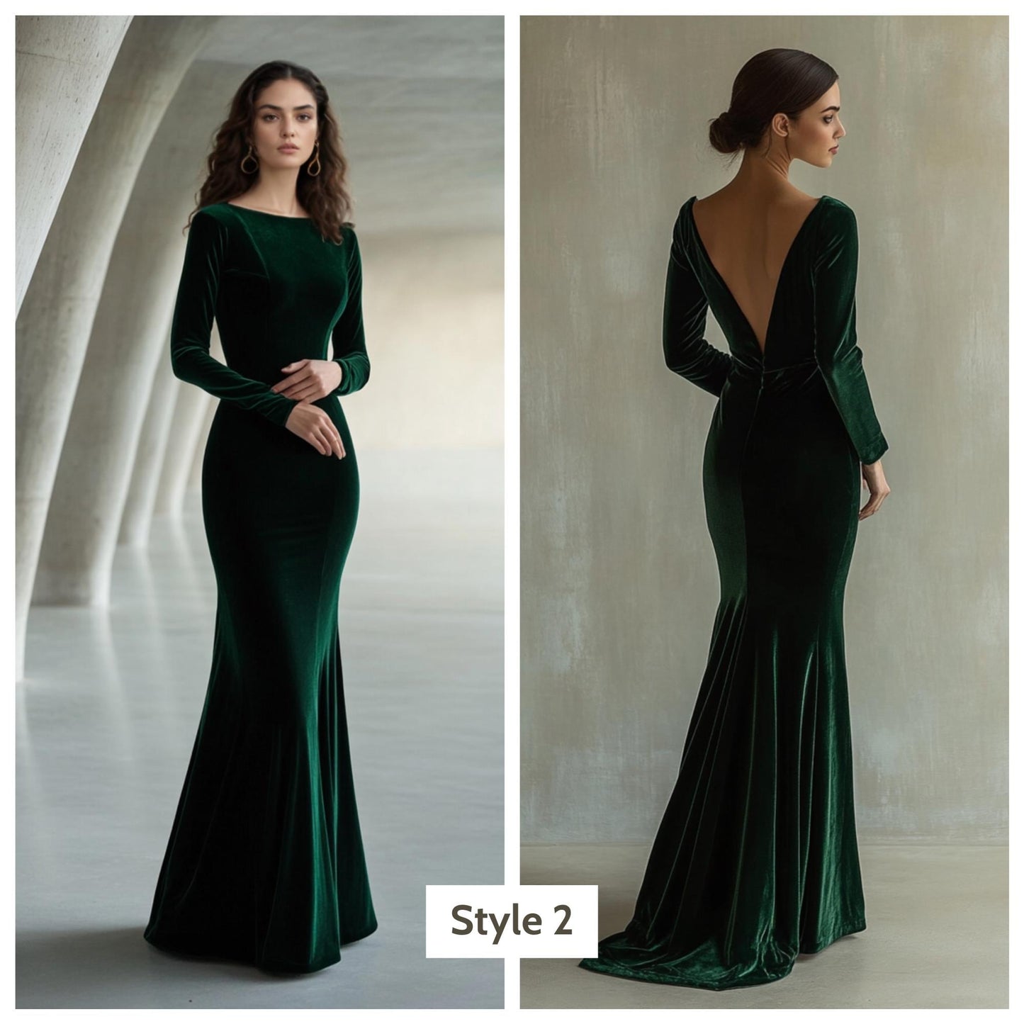 Custom Emerald Velvet Evening Gown, Boat Neck Backless Dress, Long Sleeve Luxury Formal Gown | 241028A