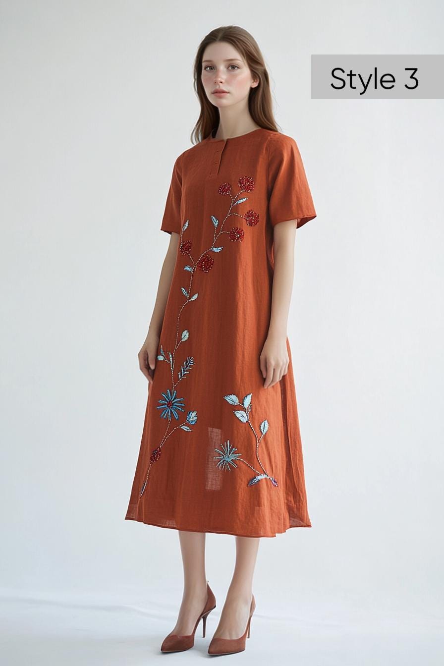 Customizable Floral Embroidered Flared Linen Dress, Loose Fit, Elegant Boho Style, Detailed Hand Embroidery | SKU.250702A