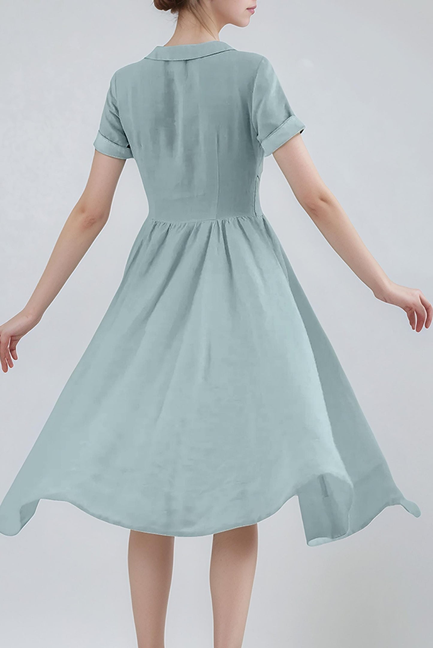 Vintage Linen Midi Dress – Peter Pan Collar Shirt Dress, Elegant Summer Dress with Short Sleeves | SKU.25T11T4I