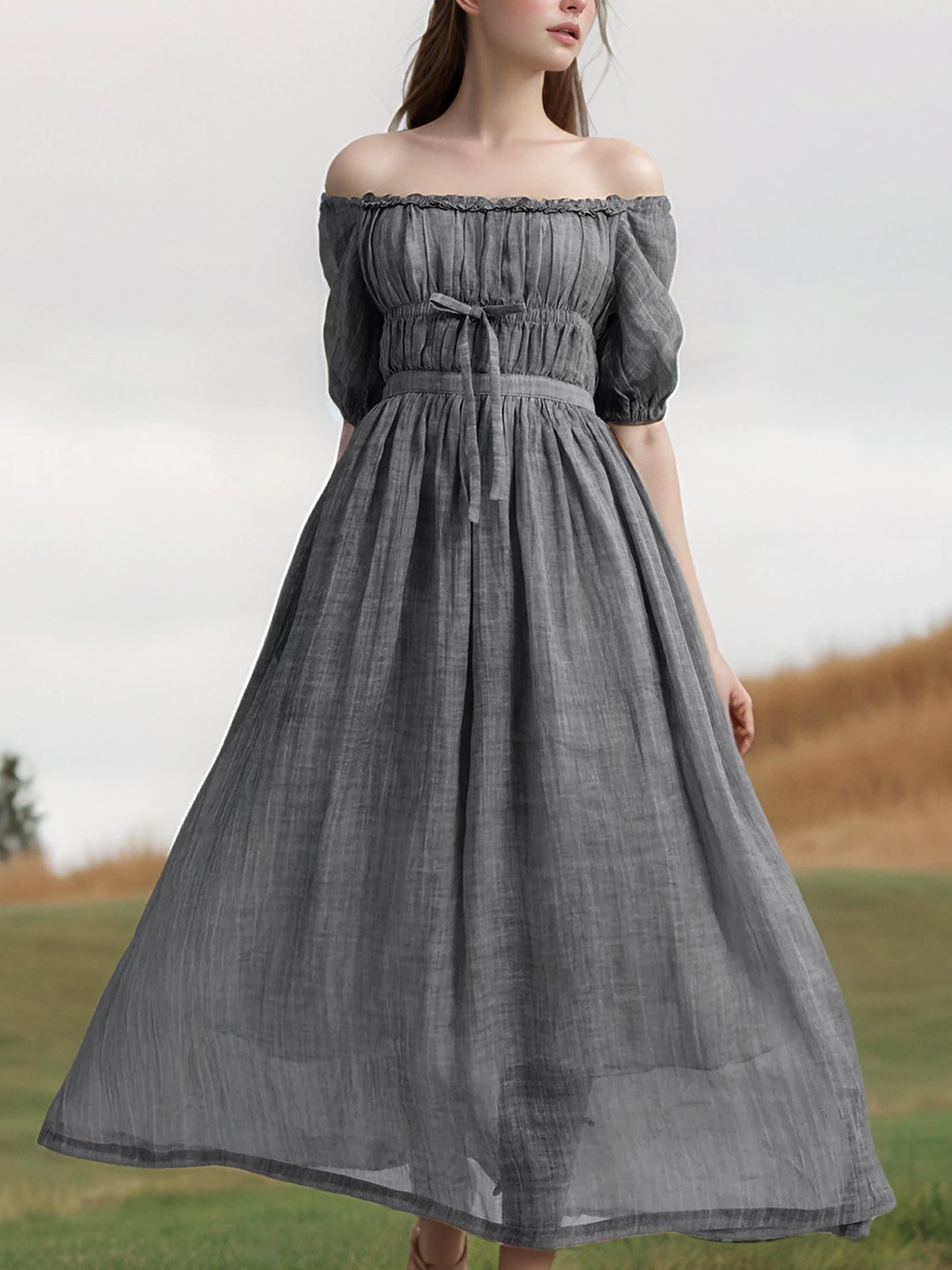 Puff Sleeve Linen Dress - Romantic Off Shoulder Maxi Dress with Ruched Bodice, Soft Elastic Linen for Summer | SKU.25T14T6D