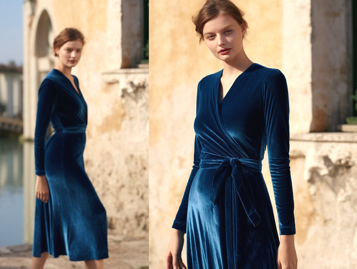 Velvet Midi Bridesmaid Dress with Wrap Neck and Self-Tie Belt | Long Sleeves | Elegant Spring Fall Dress - Customizable Style and Size
