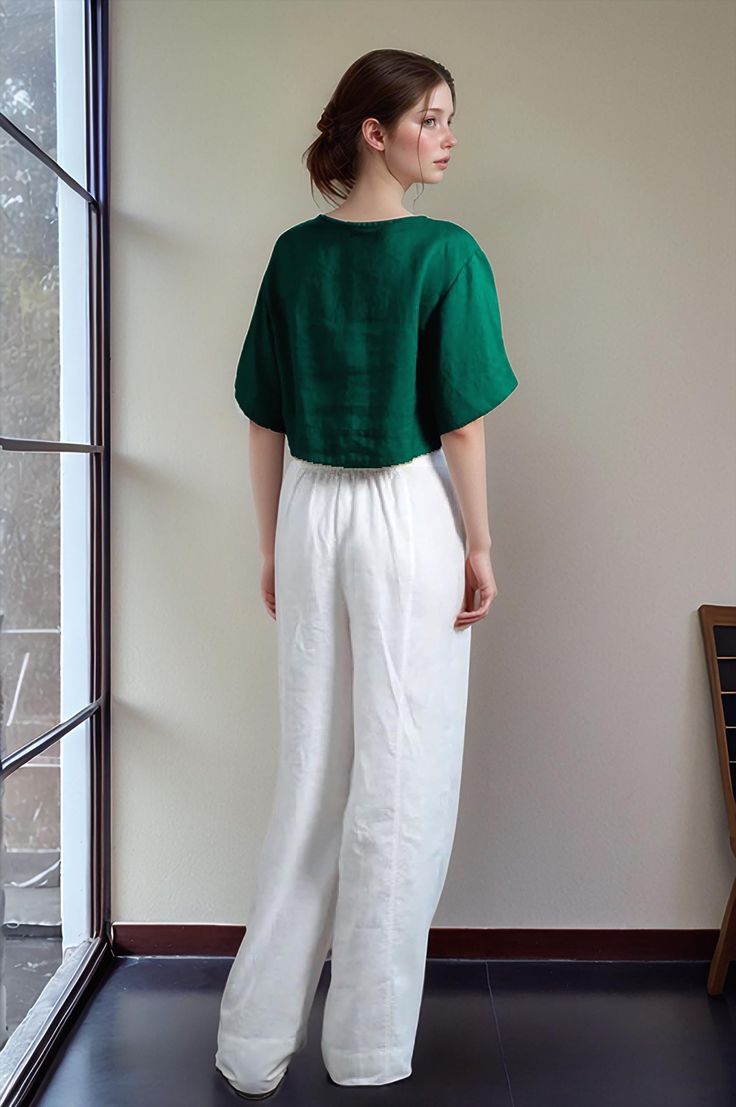 Emerald Green Linen Crop Top – Wide Sleeve Blouse, Lightweight Summer Shirt, Custom Size & Color | SKU.25T15T5Z