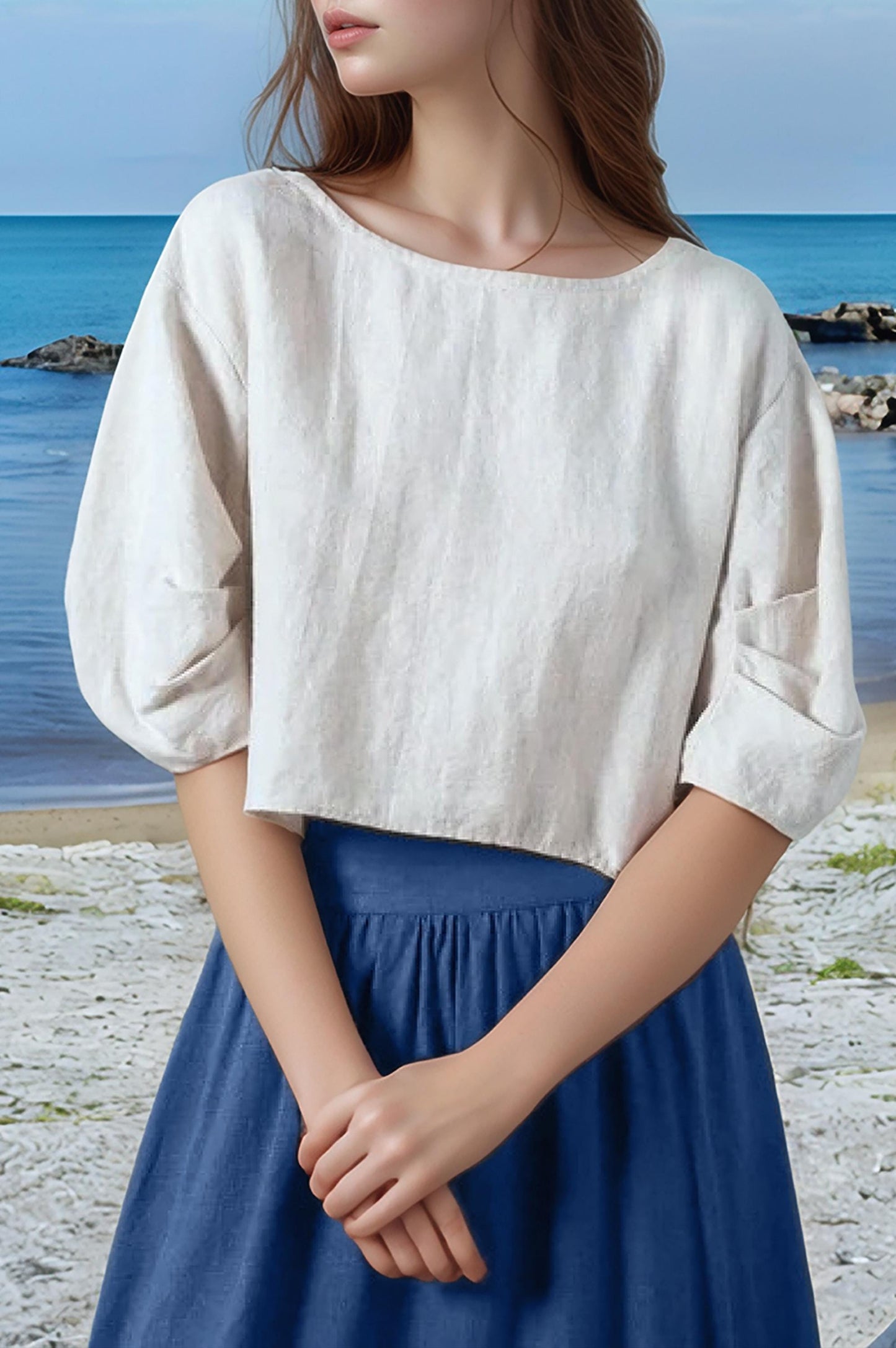 Linen Crop Top for Women – Puff Sleeve Blouse, Natural Fabric, Casual Loose Fit Summer Shirt | SKU.25T15T5Y