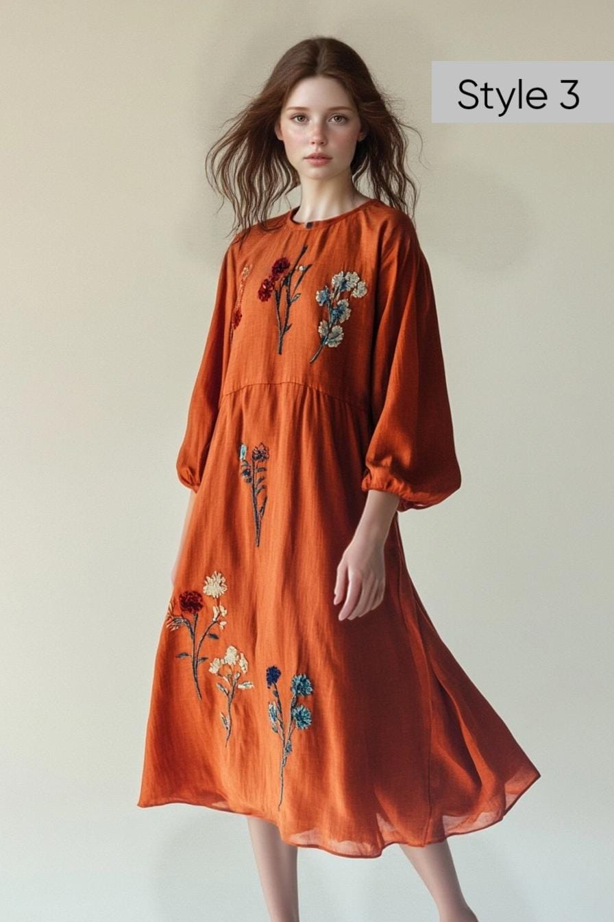Boho Embroidered Linen Flowy Dress - Intricate Sharp Floral Embroidery, Vintage Inspired, Customizable Summer Midi Dress | SKU.25T20T3K