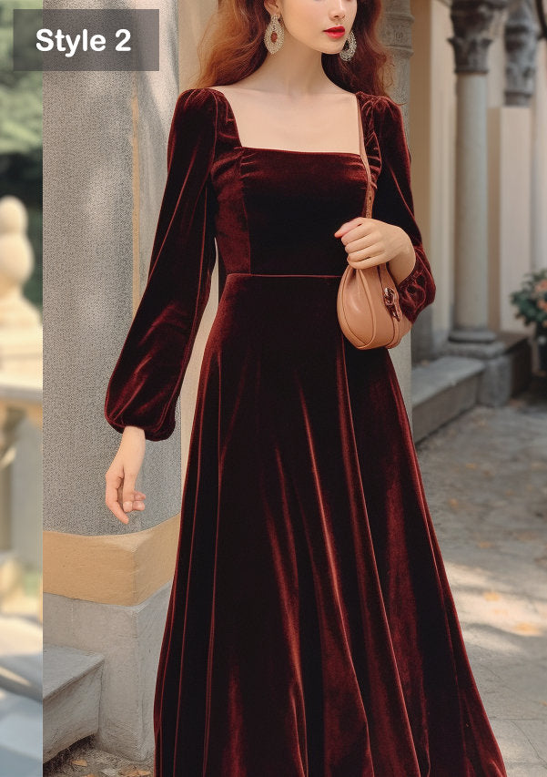 Chic Midi Velvet Dress with Puff Sleeves and Square Neckline - Closed Back - Bridesmaid or Evening Dress | Customizable | Personalizable