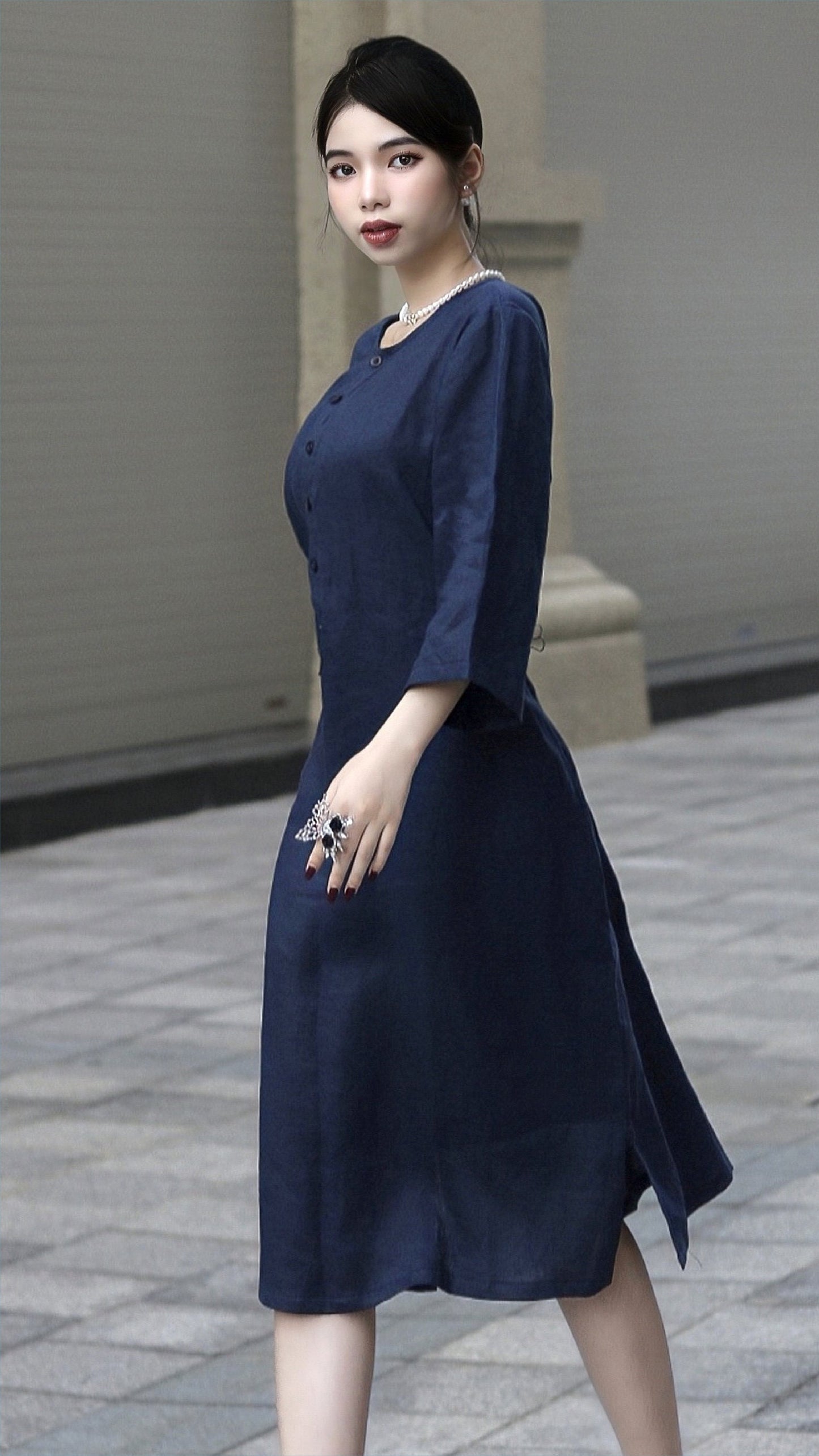 Stylish Linen Midi Dress: 3/4 Sleeves, V-neck, and Customizable Features for Elevated Personalized Fashion | SKU.004