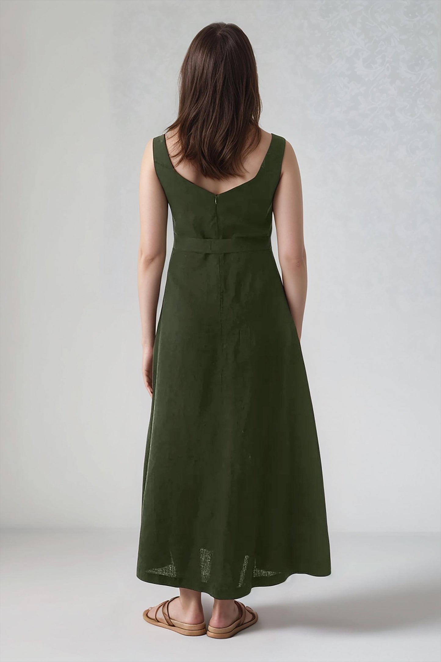 Linen Maxi Dress, Sleeveless Summer Dress, V-Neck Long Dress with Waist Tie, Elegant Flowy Women's Outfit | SKU.25T14T7M