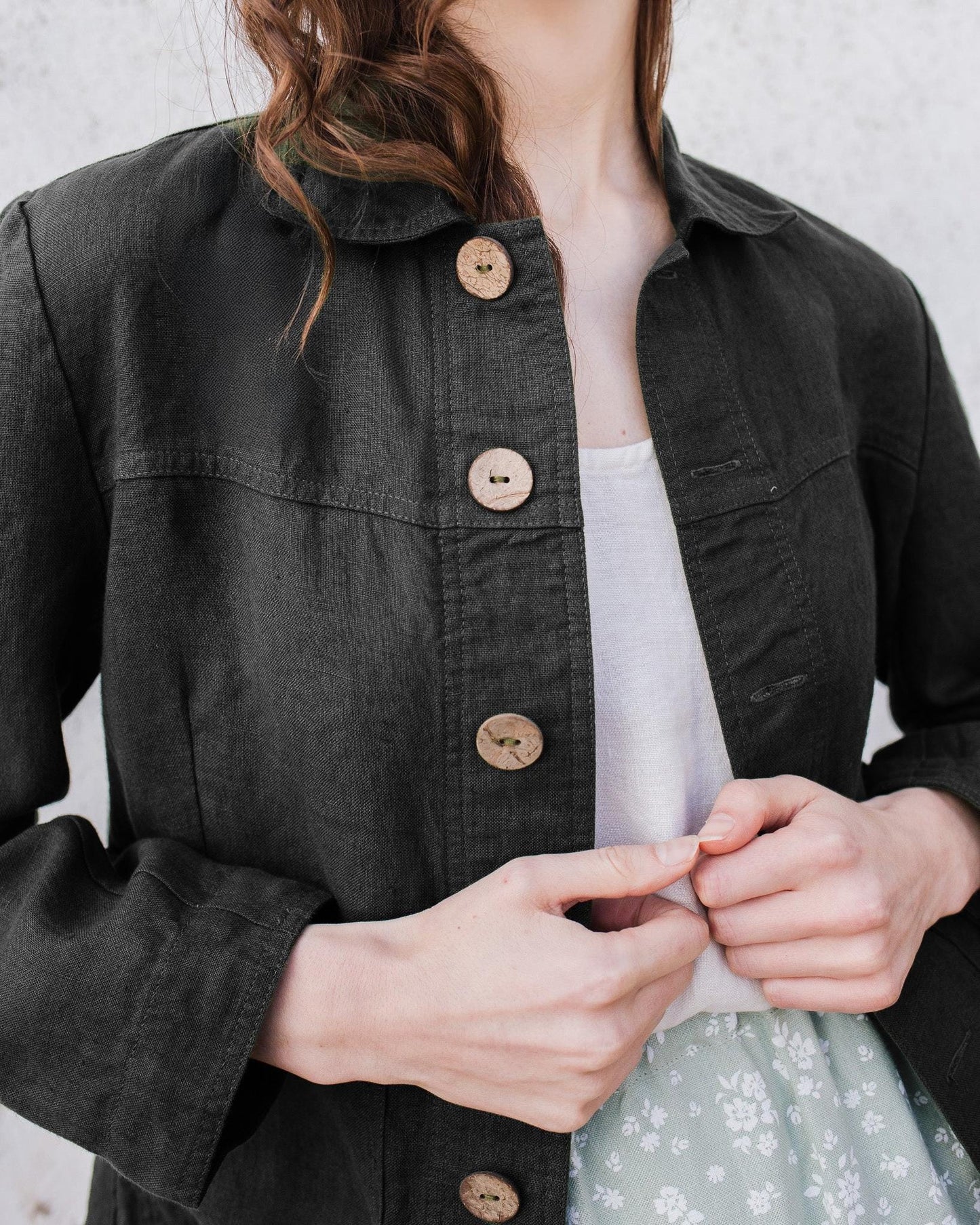 Linen Cropped Jacket for Women, Tailored Overshirt with Patch Pockets, Hip-Length Lightweight Summer Jacket | SKU.25T22T2M