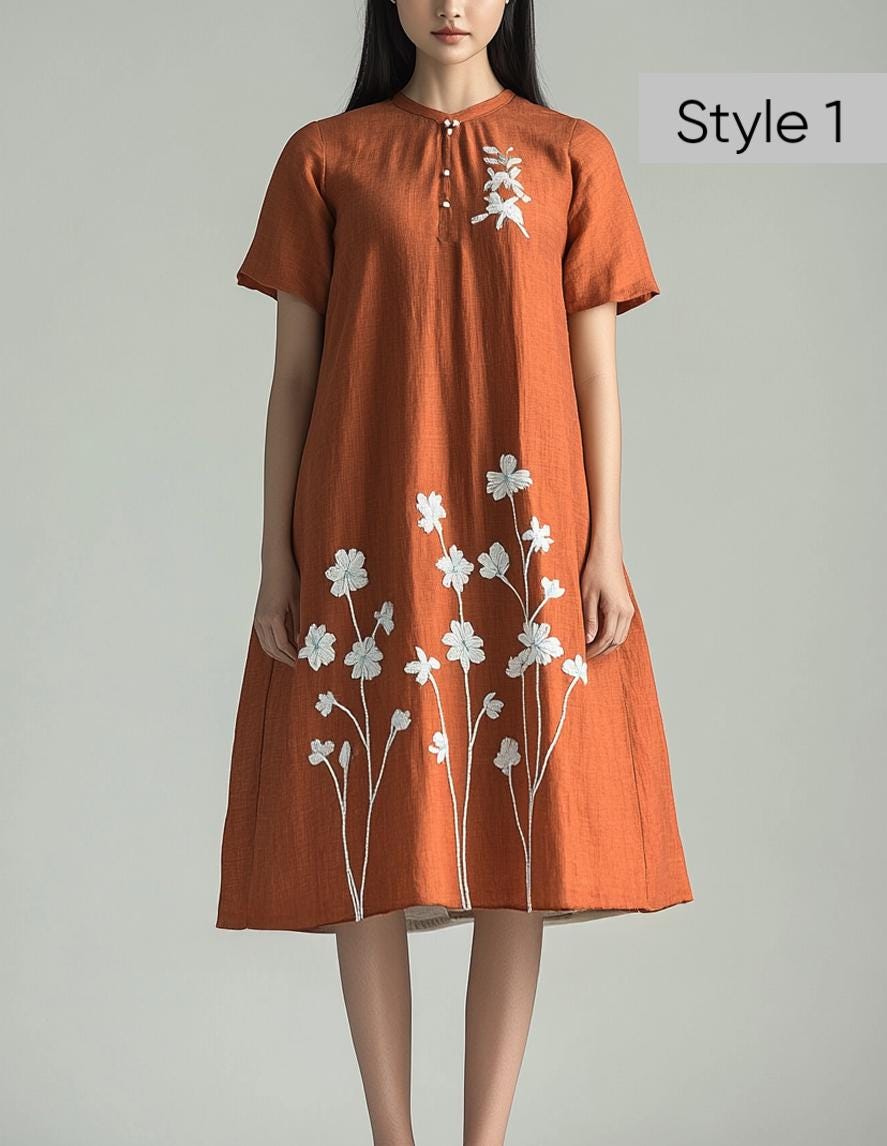 Customizable Floral Embroidered Flared Linen Dress, Loose Fit, Elegant Boho Style, Detailed Hand Embroidery | SKU.250702A