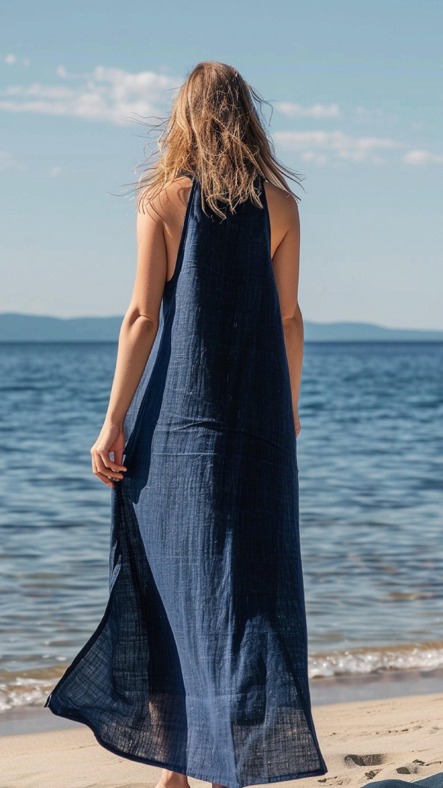 Tailored Navy Blue Linen Maxi Dress for Women | Breathe in Elegance This Summer | Sleeveless Simplicity, Ideal for Personal Touches | SKU014