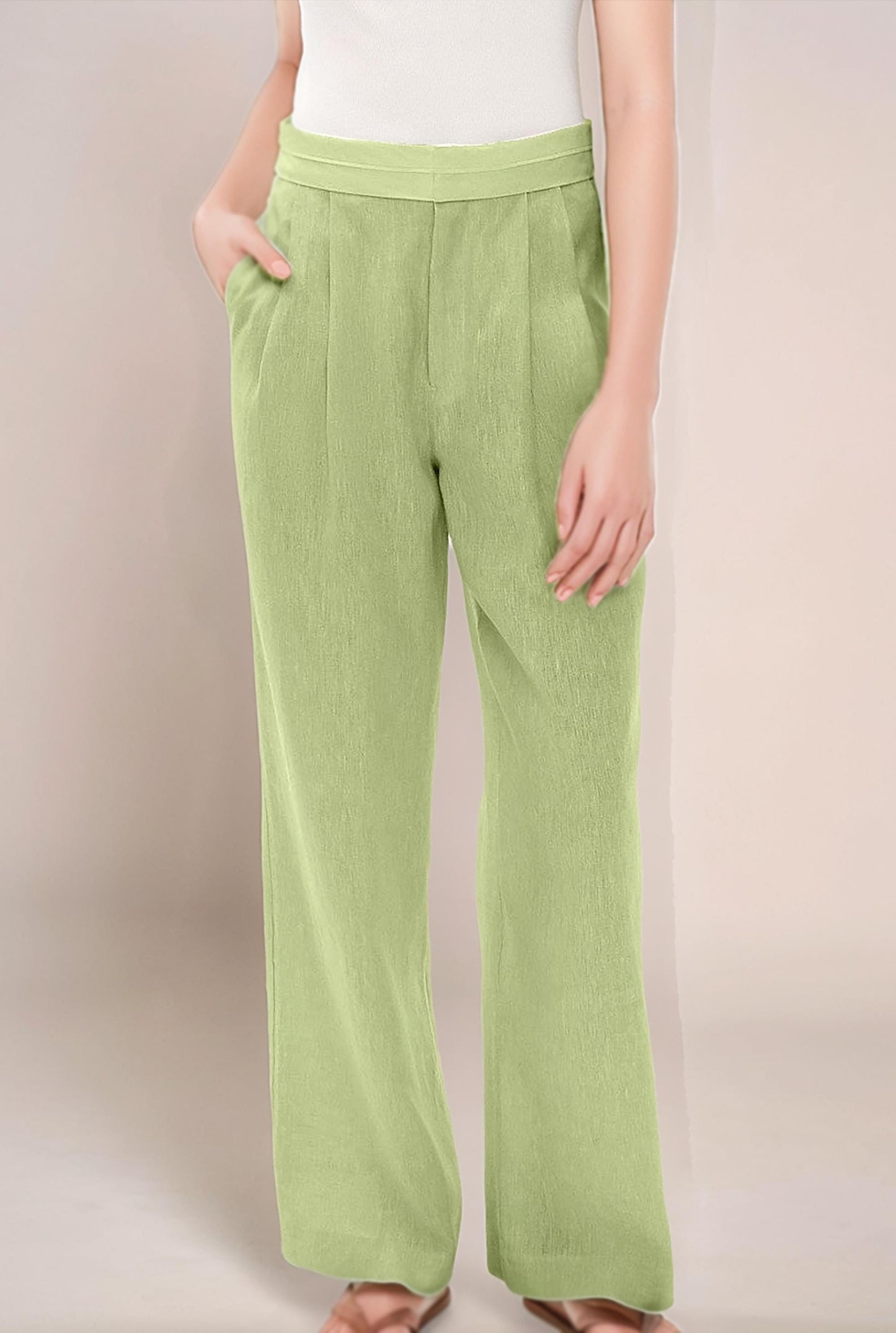 Elegant High-Waisted Wide-Leg Linen Pants - Pastel Green | SKU.25T11T6E