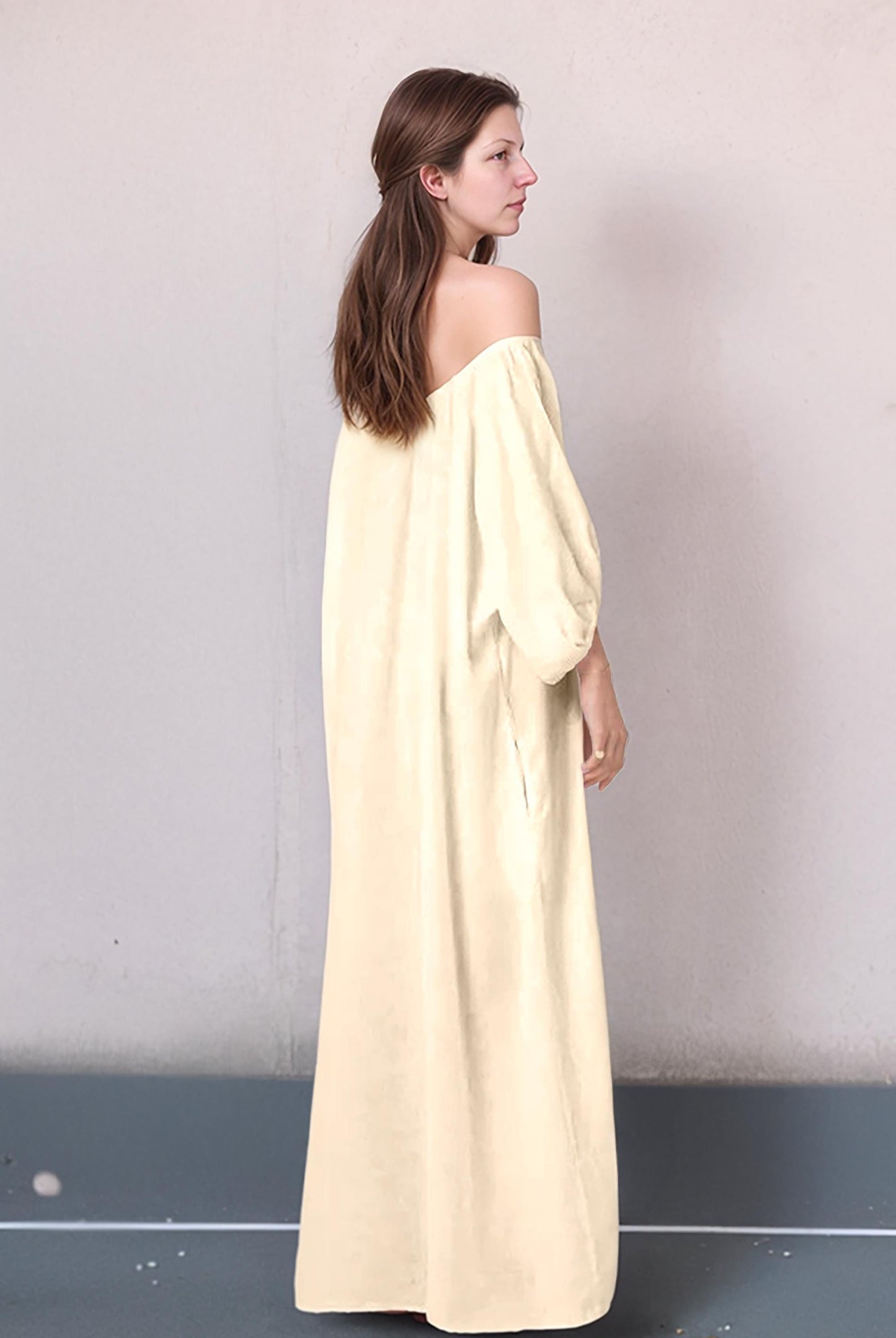 Off-Shoulder Maxi Linen Dress with Side Slit - Elegant Beige | SKU.25T11T7B
