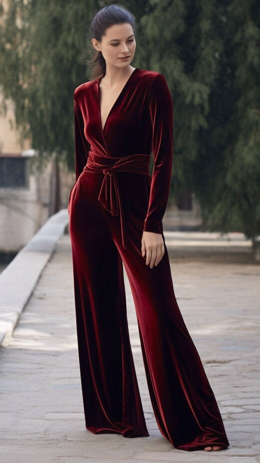 Stylish Red Velvet Wide Leg Jumpsuit | Long Sleeves, Wrap Neck, Self-Tie Belt | Chic Fall & Spring Ensemble | Customizable | Personalizable