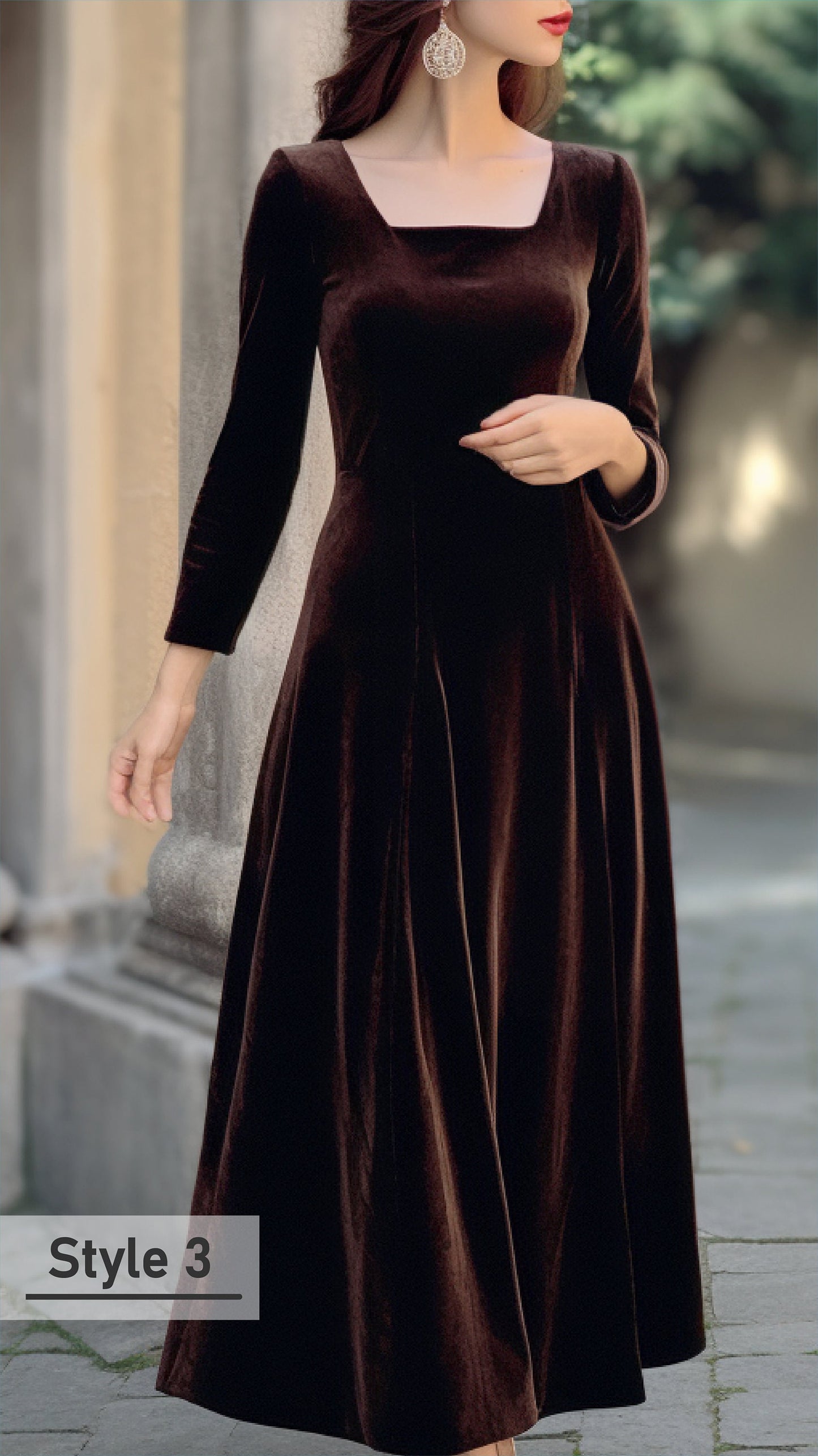 Elegant Velvet Maxi Dress, Square Neck, Full Fitted Sleeves, Closed Back - Perfect for Bridesmaids or Evening Affairs - Tailor to Your Style