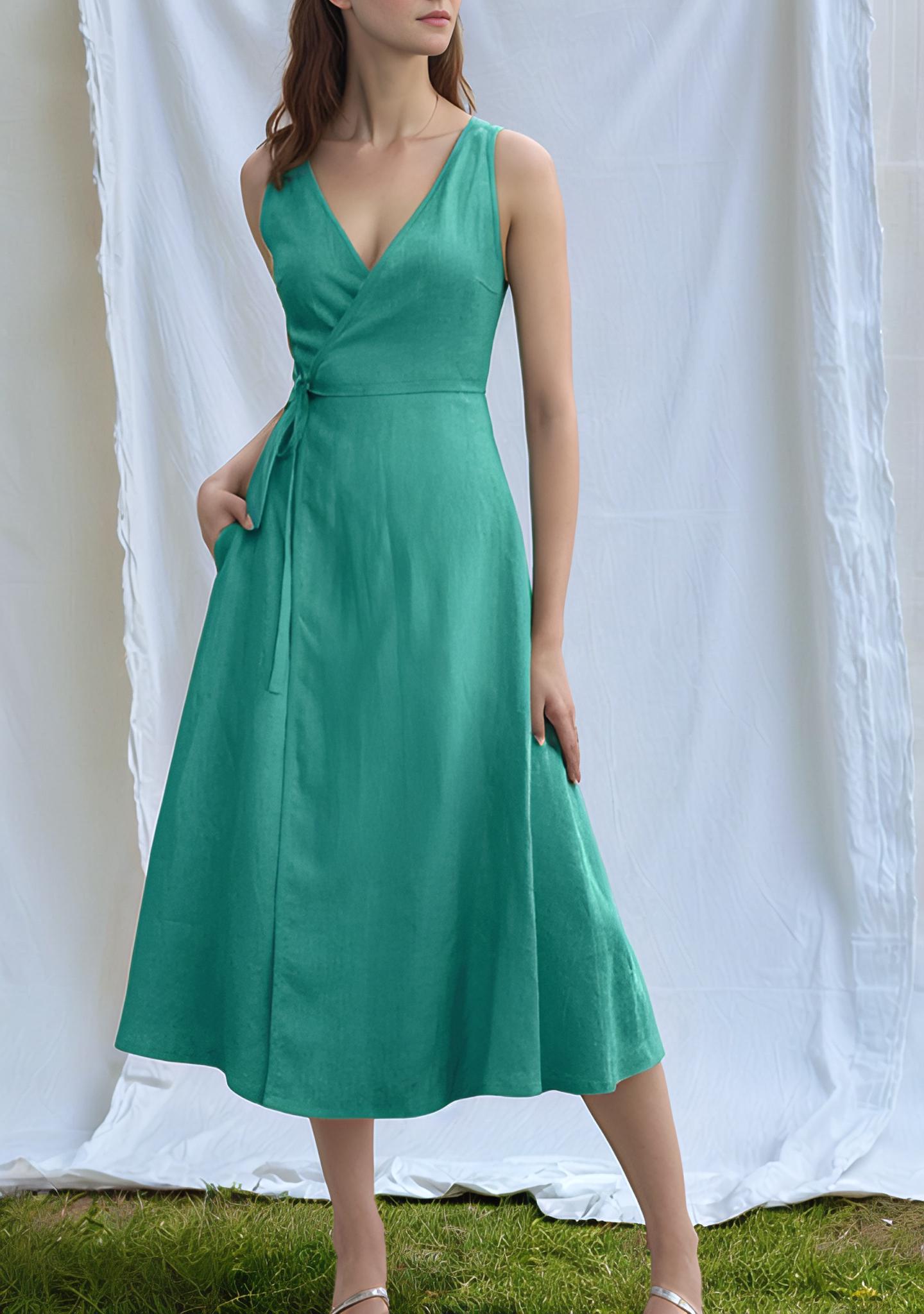 Elegant Linen Wrap Dress for Women – Sleeveless A-Line Midi Dress with Pockets for Summer & Vacation Style | SKU.25T11T4A