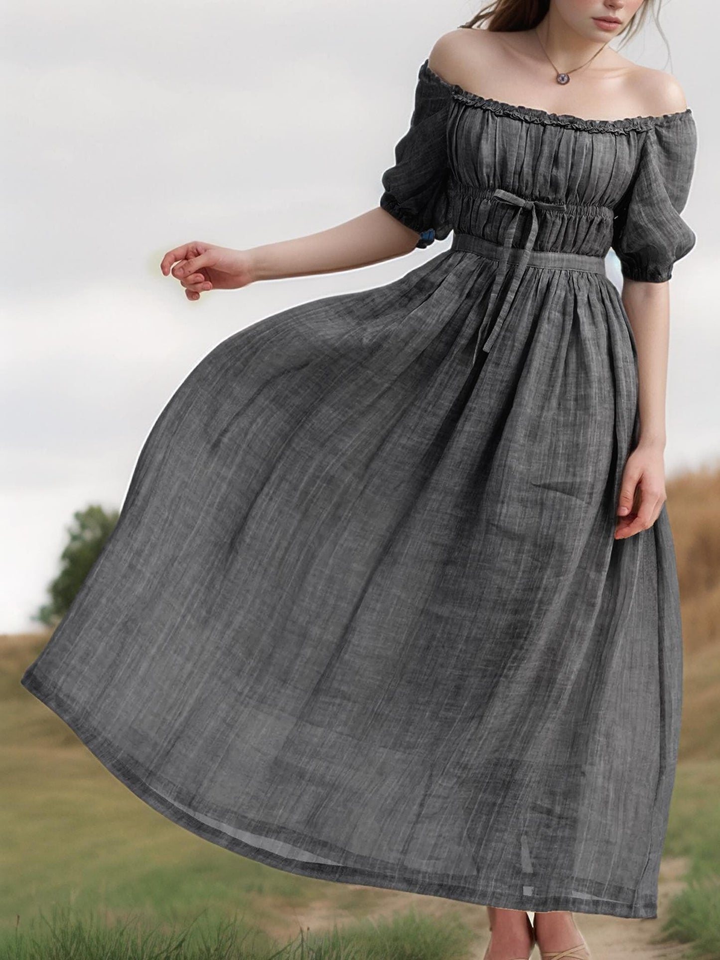 Puff Sleeve Linen Dress - Romantic Off Shoulder Maxi Dress with Ruched Bodice, Soft Elastic Linen for Summer | SKU.25T14T6D